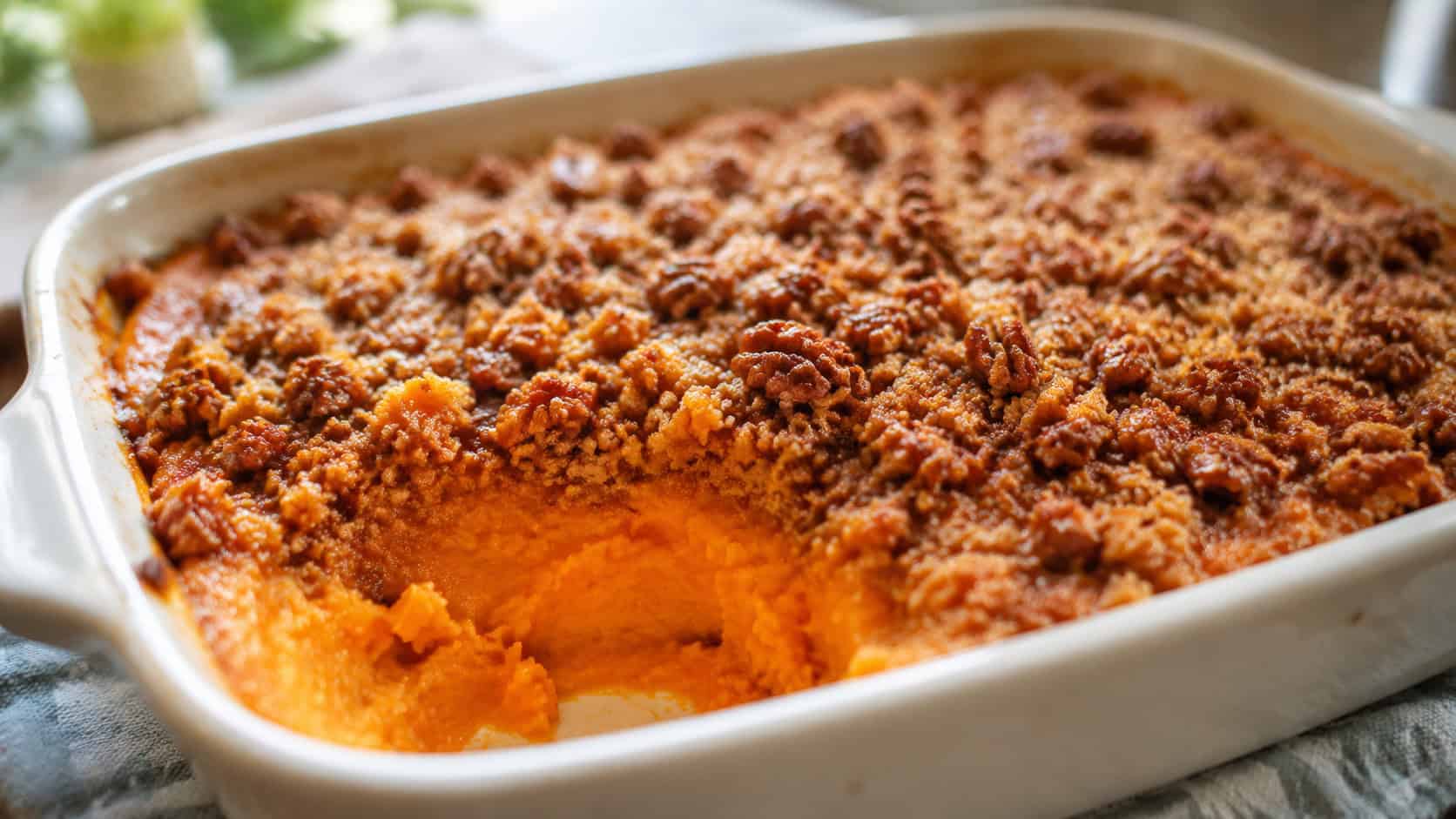 sweet potato casserole in a wide horizontal shot, creamy orange filling under a golden pecan crumble in a baking dish, natural light, shallow depth of field, landscape orientation