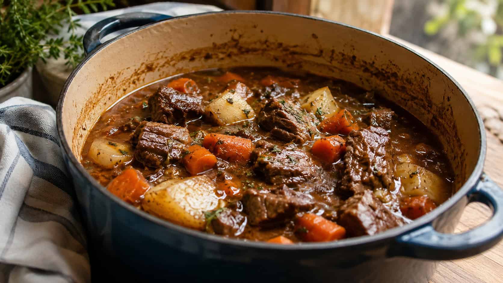 hearty beef stew in a wide horizontal shot, in a rustic Dutch oven with tender beef, carrots, and potatoes in a rich broth, natural light, shallow depth of field, landscape orientation