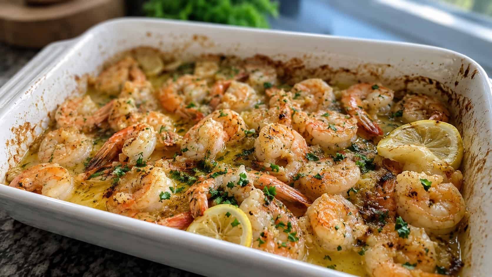 garlic butter shrimp bake in a wide horizontal shot, pink shrimp in a buttery sauce in a baking dish with parsley and lemon, natural light, shallow depth of field, landscape orientation