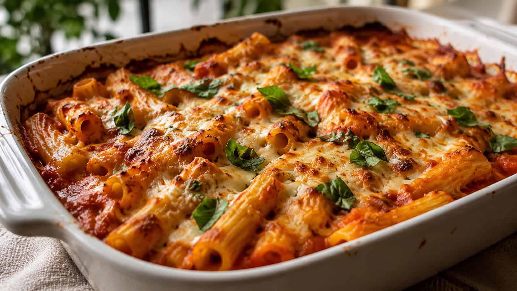baked ziti with ricotta in a wide horizontal shot, bubbly golden cheese on top of a saucy pasta in a baking dish with basil, natural light, shallow depth of field, landscape orientation