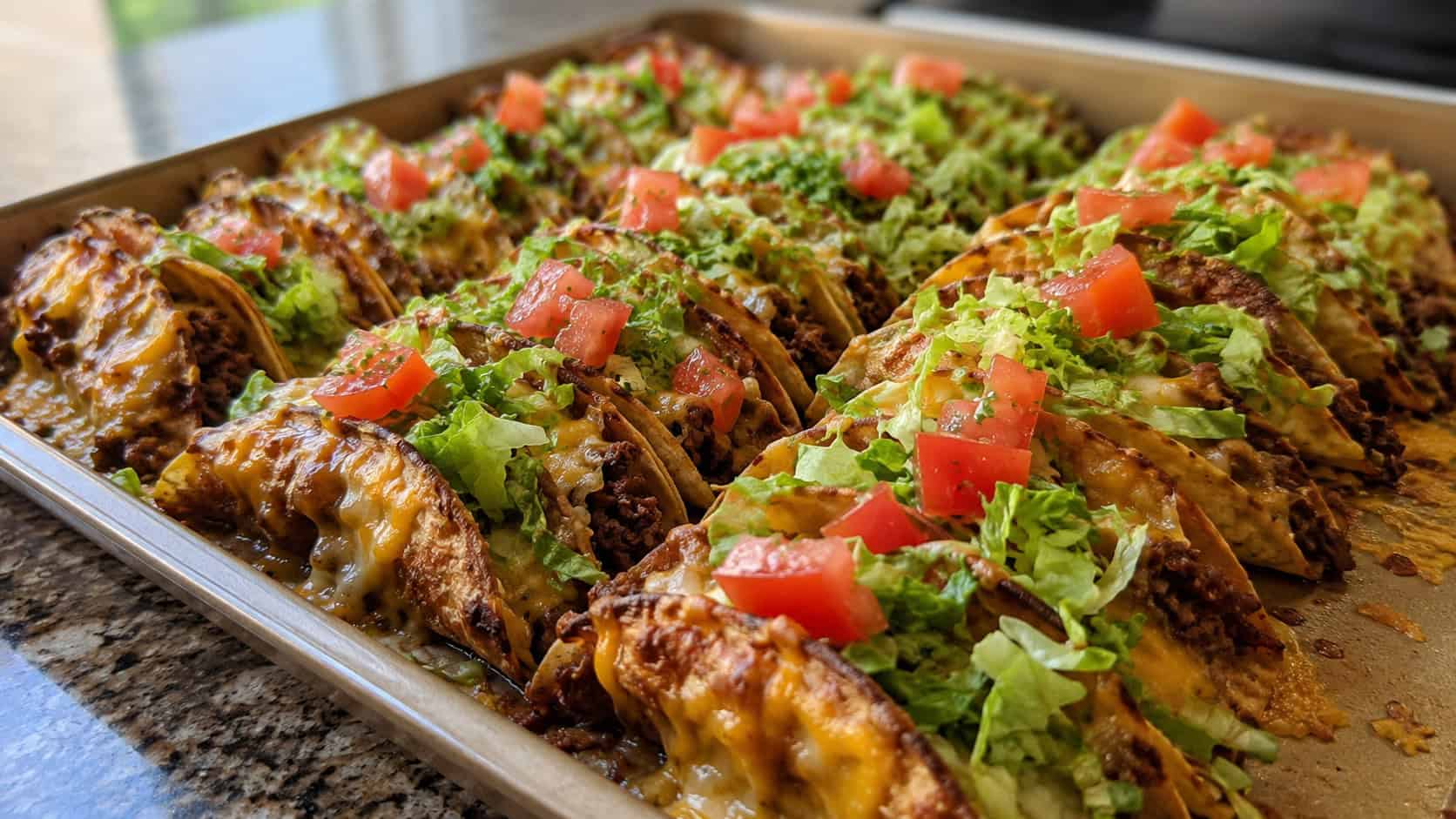 crispy sheet pan tacos in a wide horizontal shot, rows of filled taco shells topped with melted cheese, lettuce, and tomato in a baking dish, natural light, shallow depth of field, landscape orientation