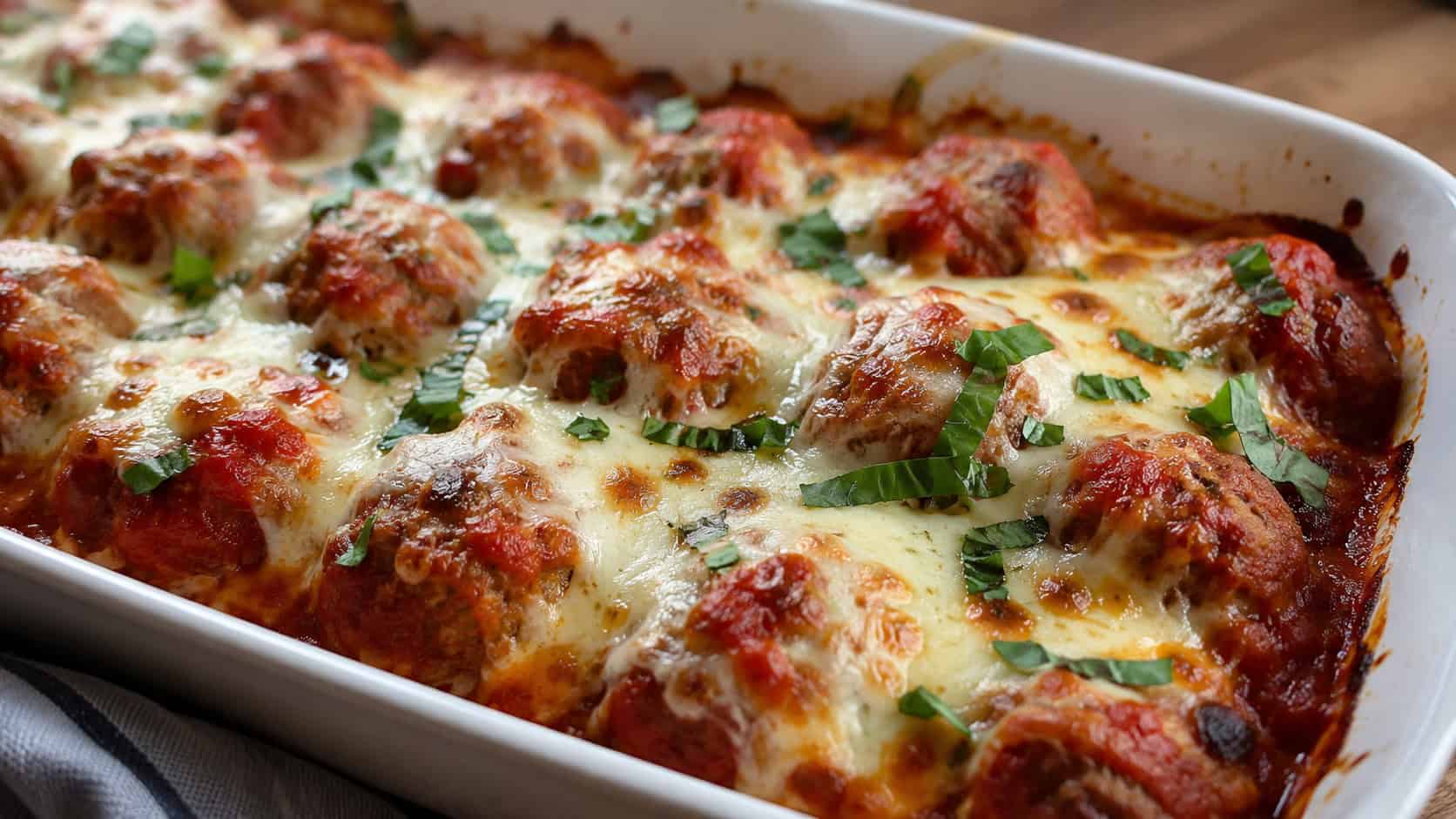 meatball Parmesan in a wide horizontal shot, saucy meatballs under bubbly melted mozzarella in a baking dish with basil, natural light, shallow depth of field, landscape orientation