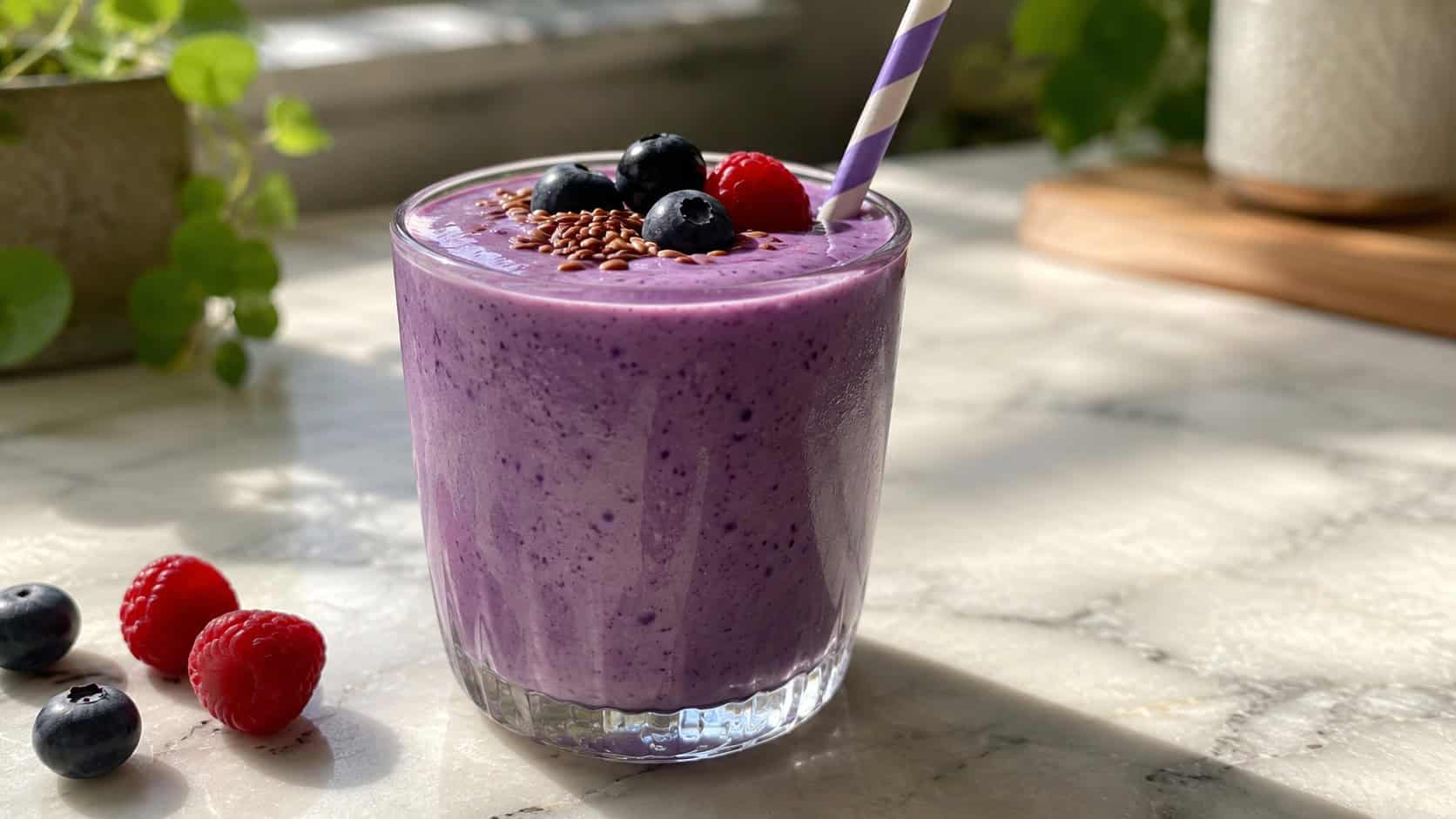 a wide glass of thick purple Greek yogurt smoothie topped with a few fresh berries and a sprinkle of flaxseed, a striped straw, on a sunny counter, bright natural light, shallow depth of field, landscape orientation