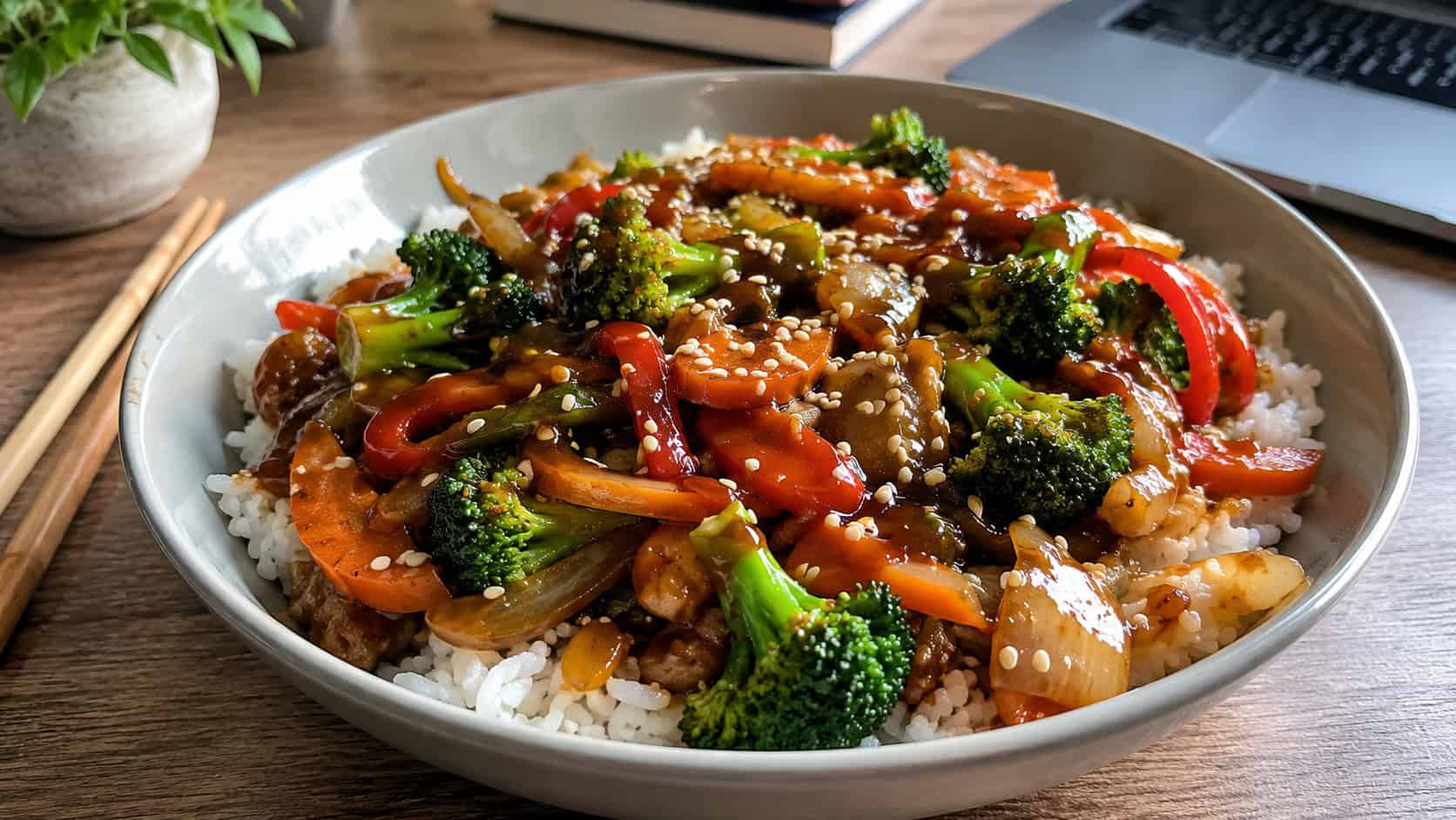 a wide bowl of colorful veggie stir-fry over white rice, glossy sauce coating broccoli, carrots, and peppers, sesame seeds sprinkled on top, on a desk with chopsticks, natural light, shallow depth of field, landscape orientation