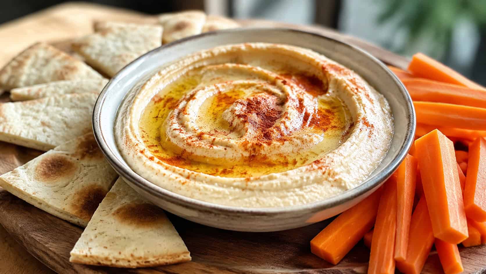 a wide shallow bowl of creamy hummus swirled with olive oil and a sprinkle of paprika, surrounded by pita wedges and carrot sticks, on a wooden board, natural light, shallow depth of field, landscape orientation