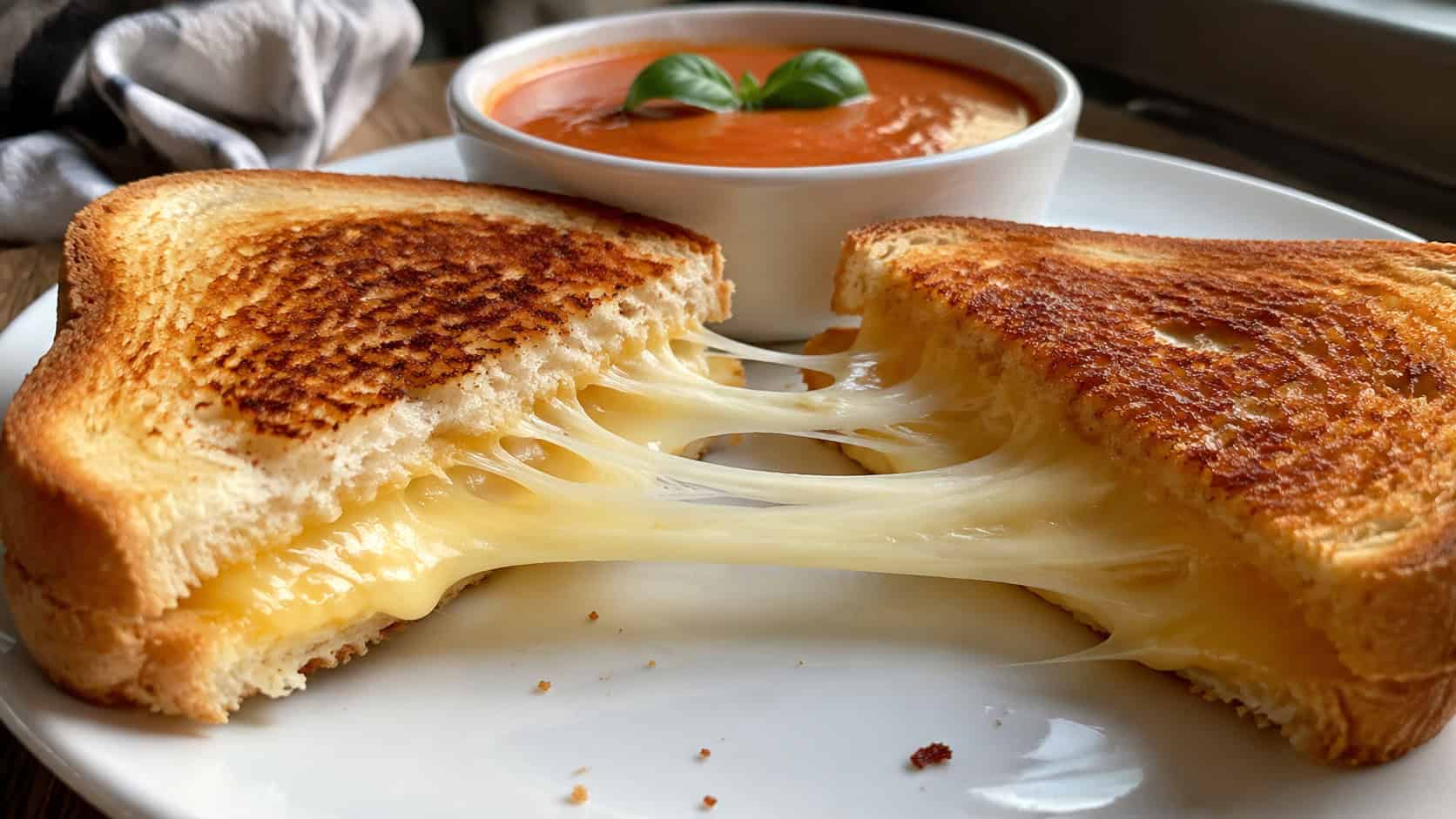 a wide grilled cheese sandwich pulled apart to show stretchy melted cheese, golden crispy toasted bread, on a plate with a bowl of tomato soup beside it, natural light, shallow depth of field, landscape orientation
