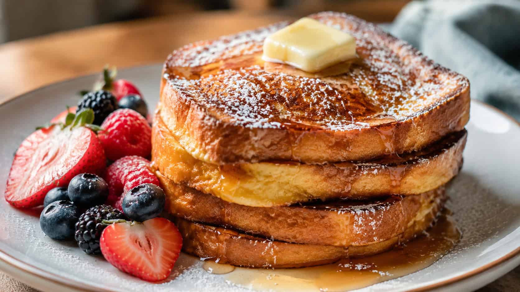 a wide stack of golden french toast dusted with powdered sugar and drizzled with maple syrup, a pat of butter melting on top, fresh berries beside it, on a plate, warm natural light, shallow depth of field, landscape orientation