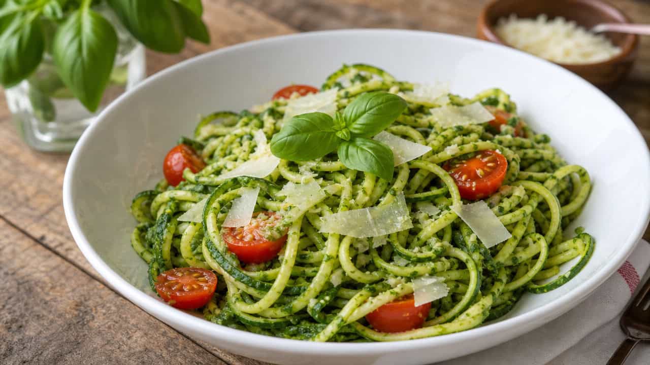 a wide bowl of green zucchini noodles tossed in pesto with halved cherry tomatoes and shaved Parmesan, fresh basil on top, on a rustic table, bright natural light, shallow depth of field, landscape orientation
