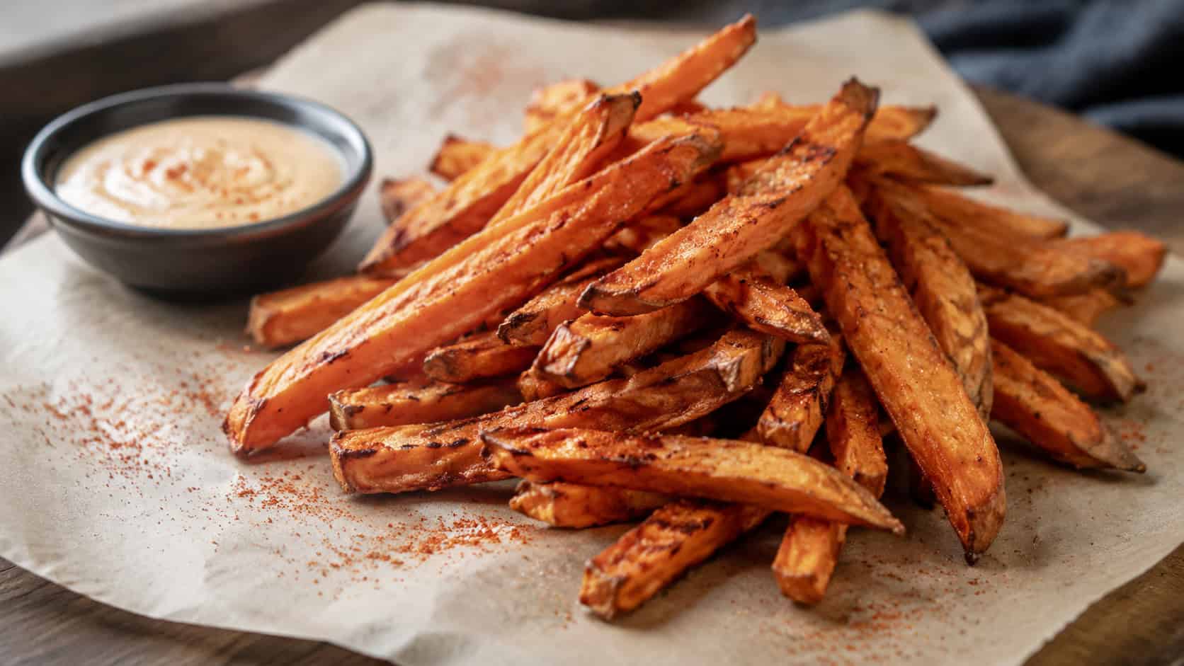 a wide pile of crispy orange sweet potato fries with golden edges, a small bowl of dipping sauce beside them, a sprinkle of paprika and salt, on a parchment-lined board, natural light, shallow depth of field, landscape orientation