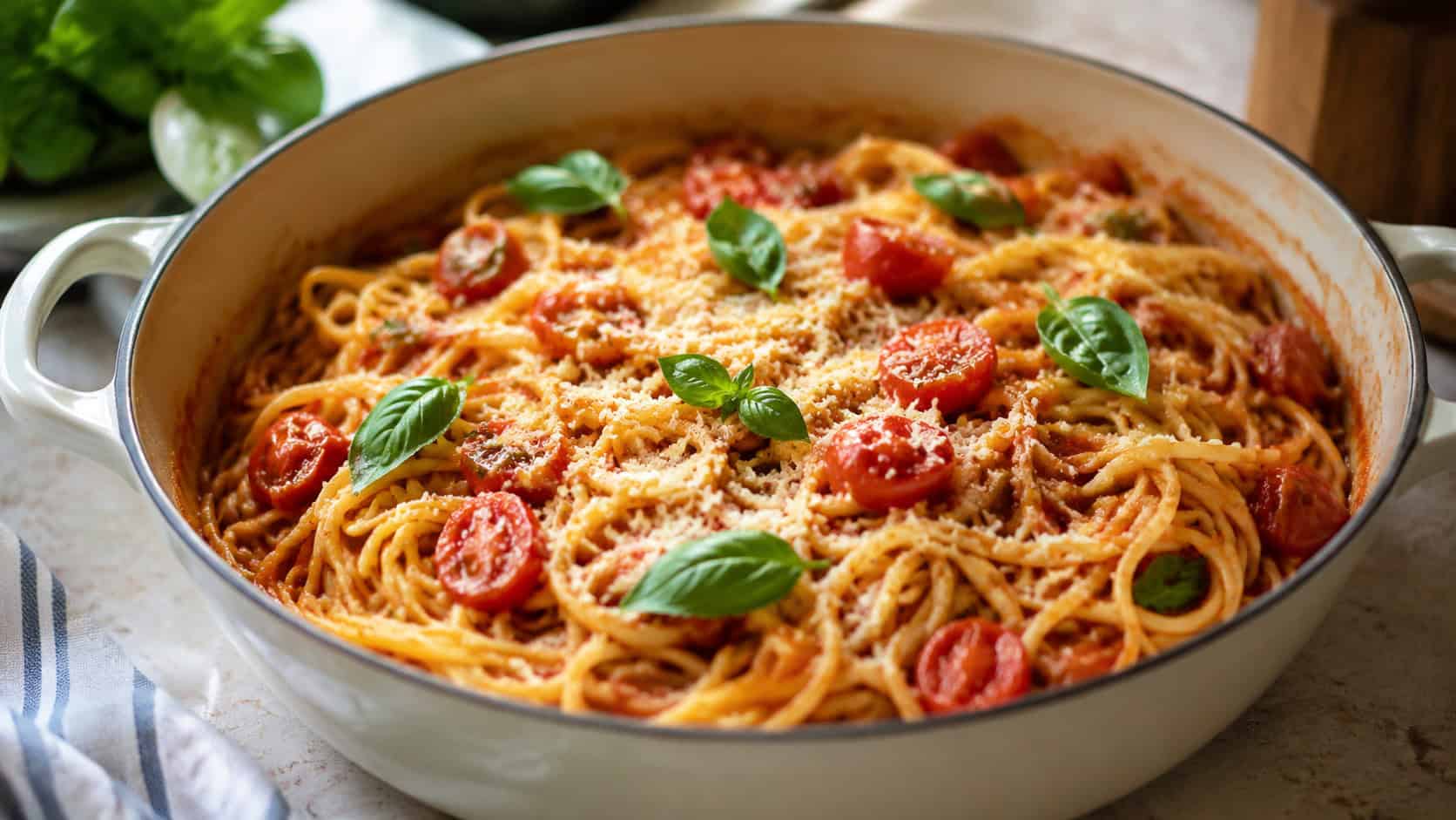 a wide pot of one-pot pasta with spaghetti coated in a light tomato sauce, halved cherry tomatoes, and grated Parmesan on top, fresh basil leaves scattered, on a kitchen counter, natural light, shallow depth of field, landscape orientation