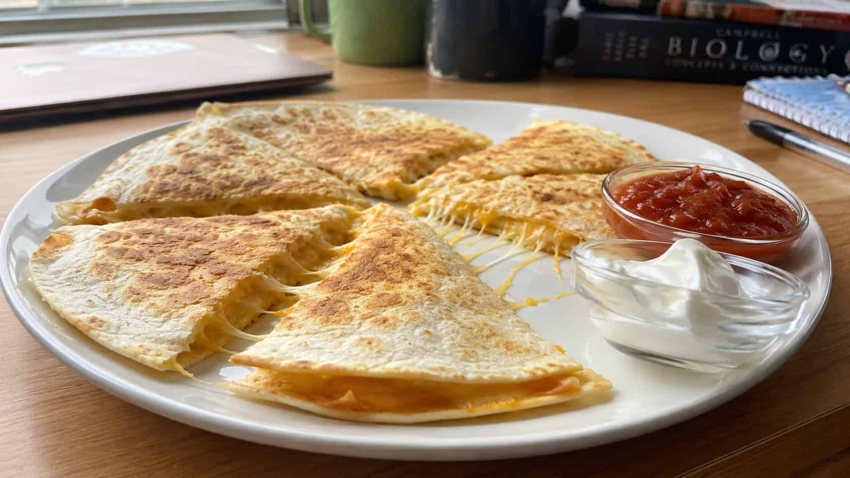 a wide microwave quesadilla cut into wedges with melty cheese pulling apart, a small dish of salsa and sour cream beside it, on a plate over a dorm desk, natural light, shallow depth of field, landscape orientation