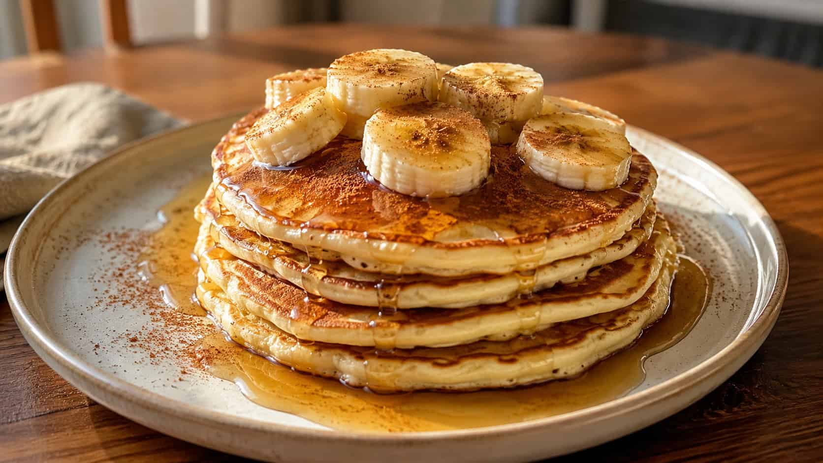a wide stack of golden banana pancakes drizzled with maple syrup, sliced banana on top, a dusting of cinnamon, on a plate over a wooden table, warm natural light, shallow depth of field, landscape orientation