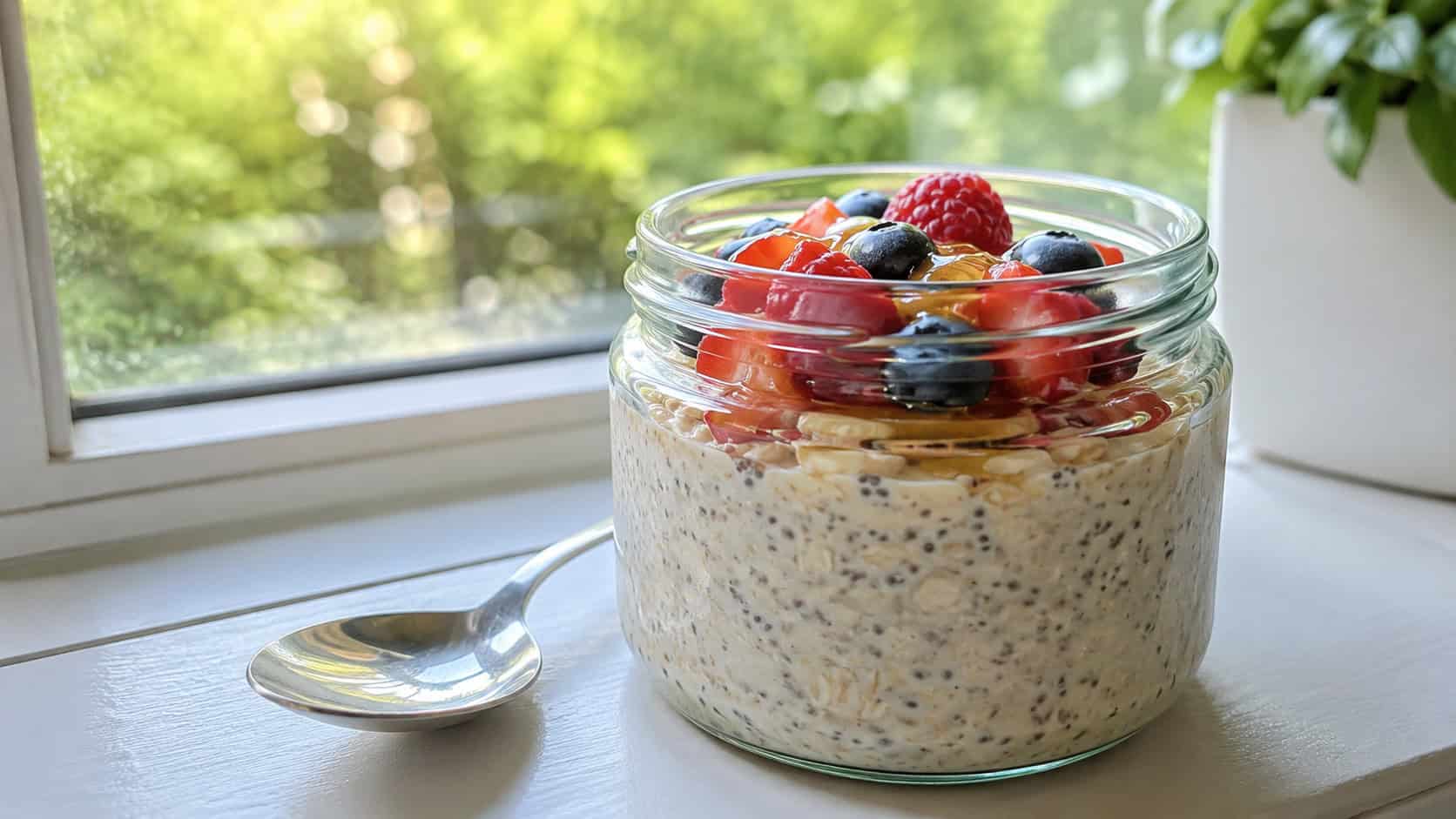 a wide glass jar of creamy overnight oats topped with fresh berries and a drizzle of honey, a spoon resting beside it, on a bright windowsill, natural morning light, shallow depth of field, landscape orientation