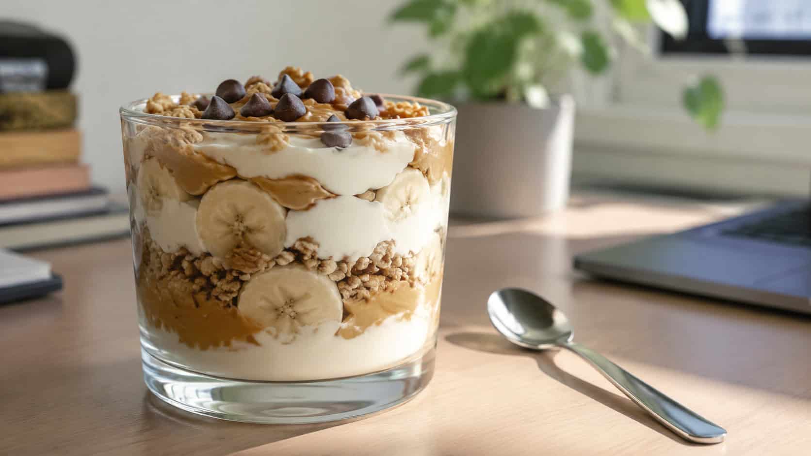 a wide glass parfait with layers of creamy yogurt, peanut butter swirls, banana slices, and golden granola, chocolate chips on top, on a desk with a long spoon beside, bright natural light, shallow depth of field, landscape orientation