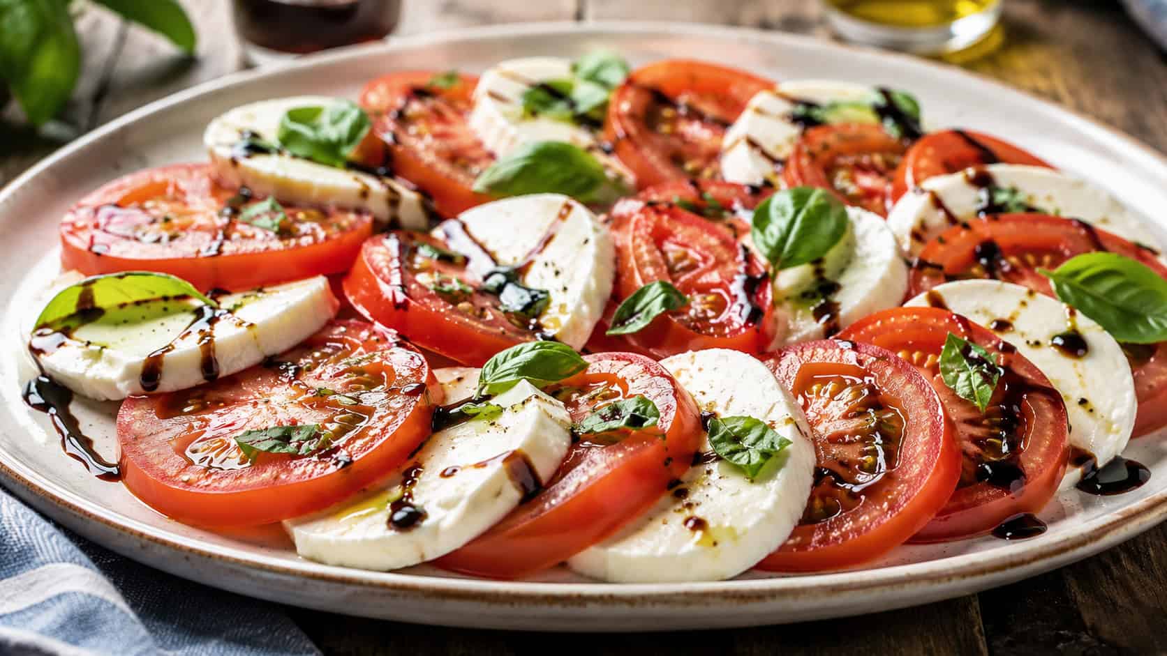 a wide plate of caprese salad with overlapping tomato and mozzarella slices, fresh basil leaves, and a balsamic glaze drizzle, flaky salt on top, on a rustic table, bright natural light, shallow depth of field, landscape orientation