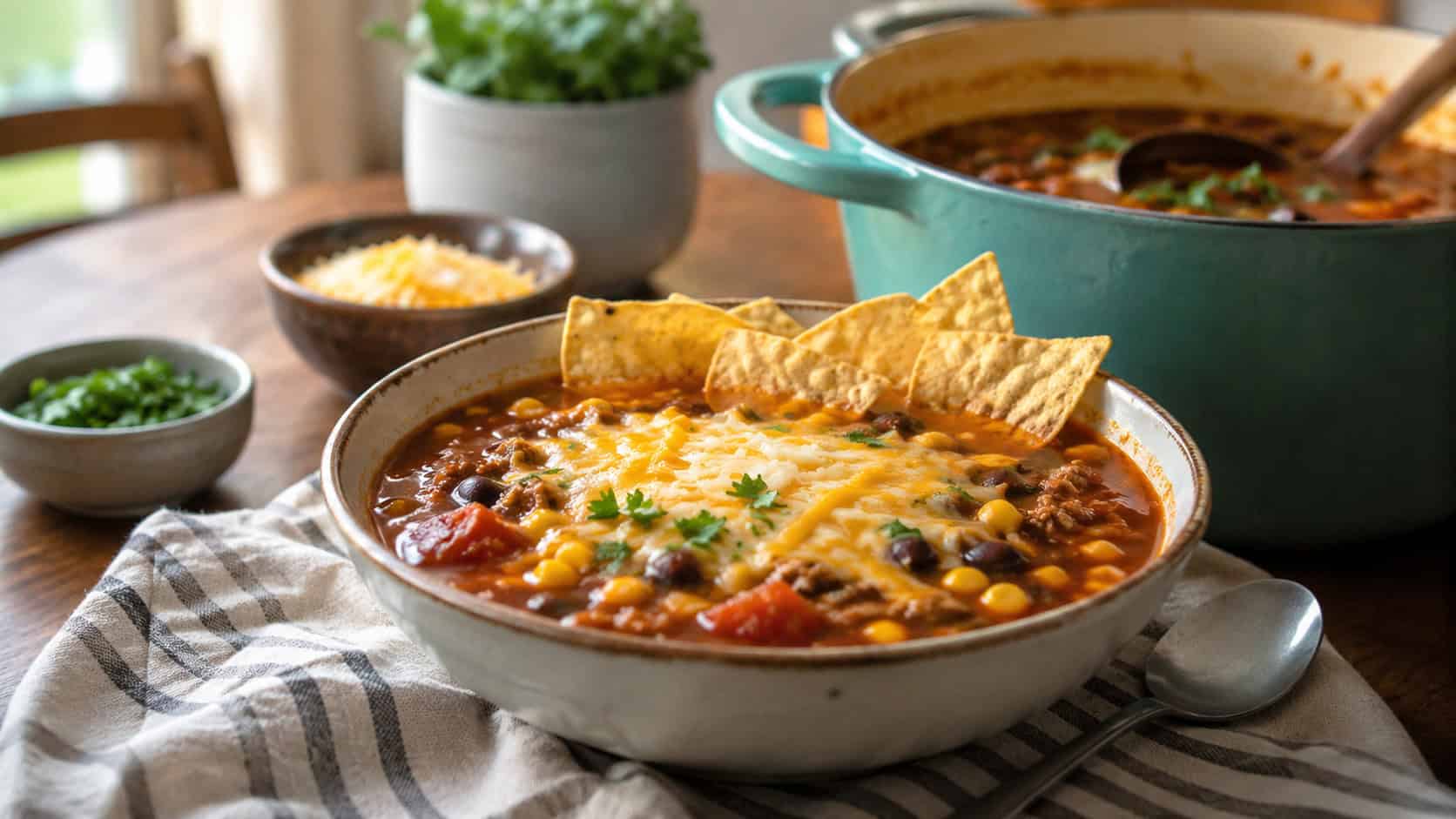 a hearty bowl of taco soup topped with melted cheese and tortilla chips beside the pot, on a cozy kitchen table, natural light, shallow depth of field, wide horizontal landscape composition
