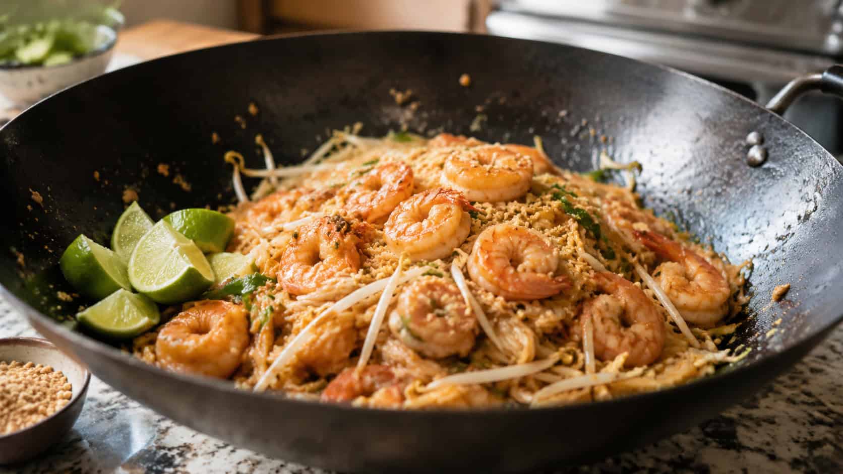 pad thai noodles with shrimp, bean sprouts and crushed peanuts in a wide wok with lime wedges, on a kitchen counter, natural light, shallow depth of field, wide horizontal landscape composition