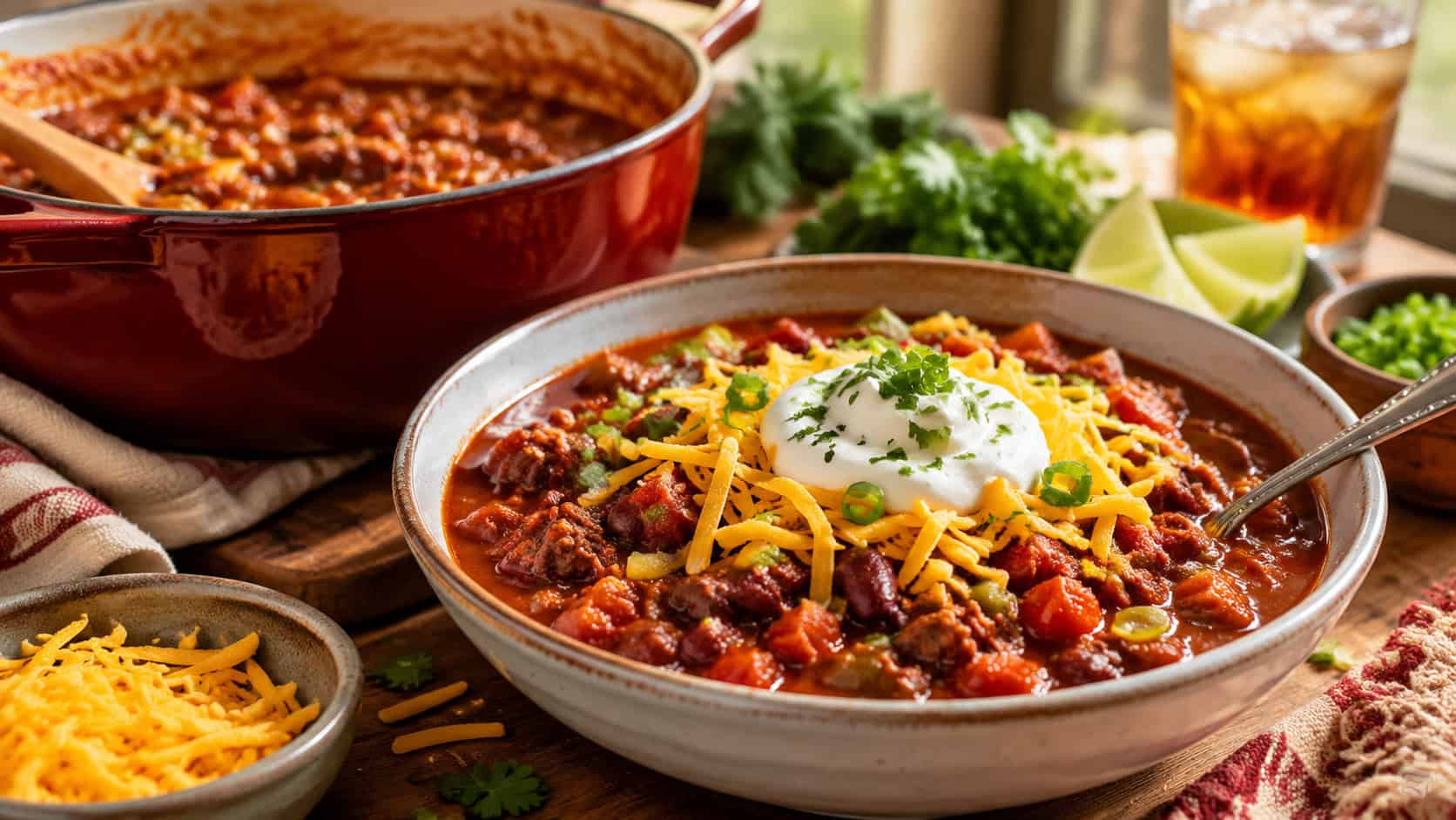 a thick bowl of chili con carne topped with shredded cheese and sour cream beside the pot, on a cozy table, natural light, shallow depth of field, wide horizontal landscape composition