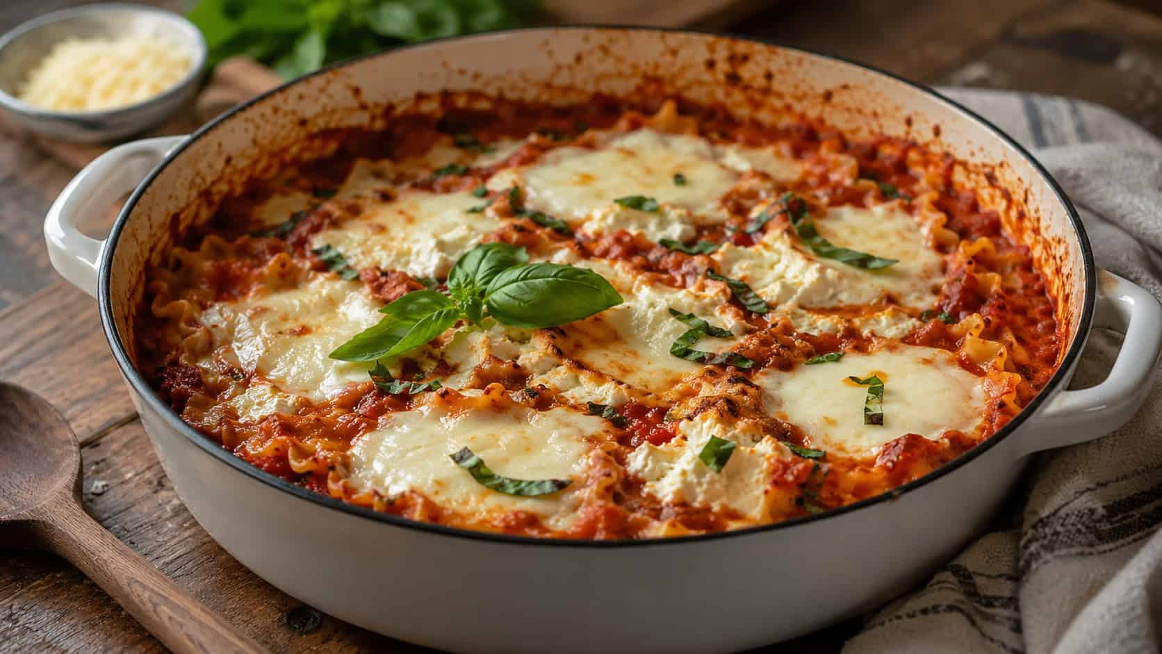 one-pot lasagna with melted mozzarella and ricotta bubbling in a wide pot, garnished with basil, on a rustic kitchen table, natural light, shallow depth of field, wide horizontal landscape composition