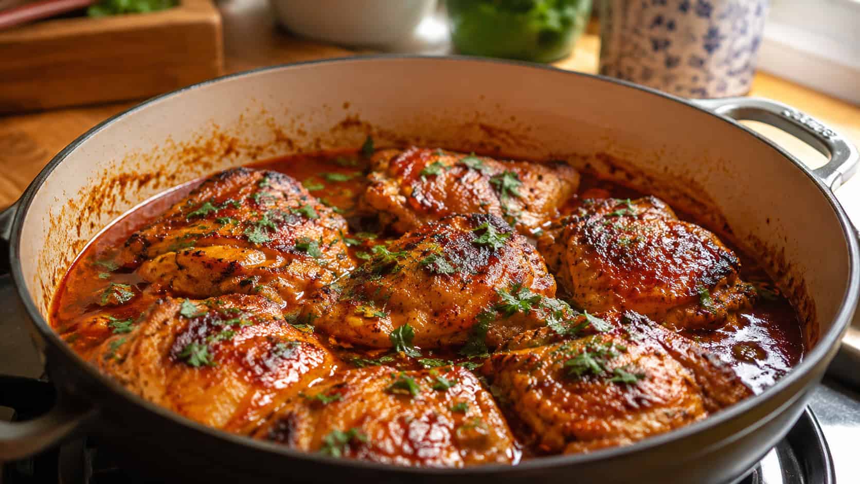 Portuguese chicken thighs in a smoky red paprika sauce in a wide pot, garnished with parsley, on a warm kitchen counter, natural light, shallow depth of field, wide horizontal landscape composition