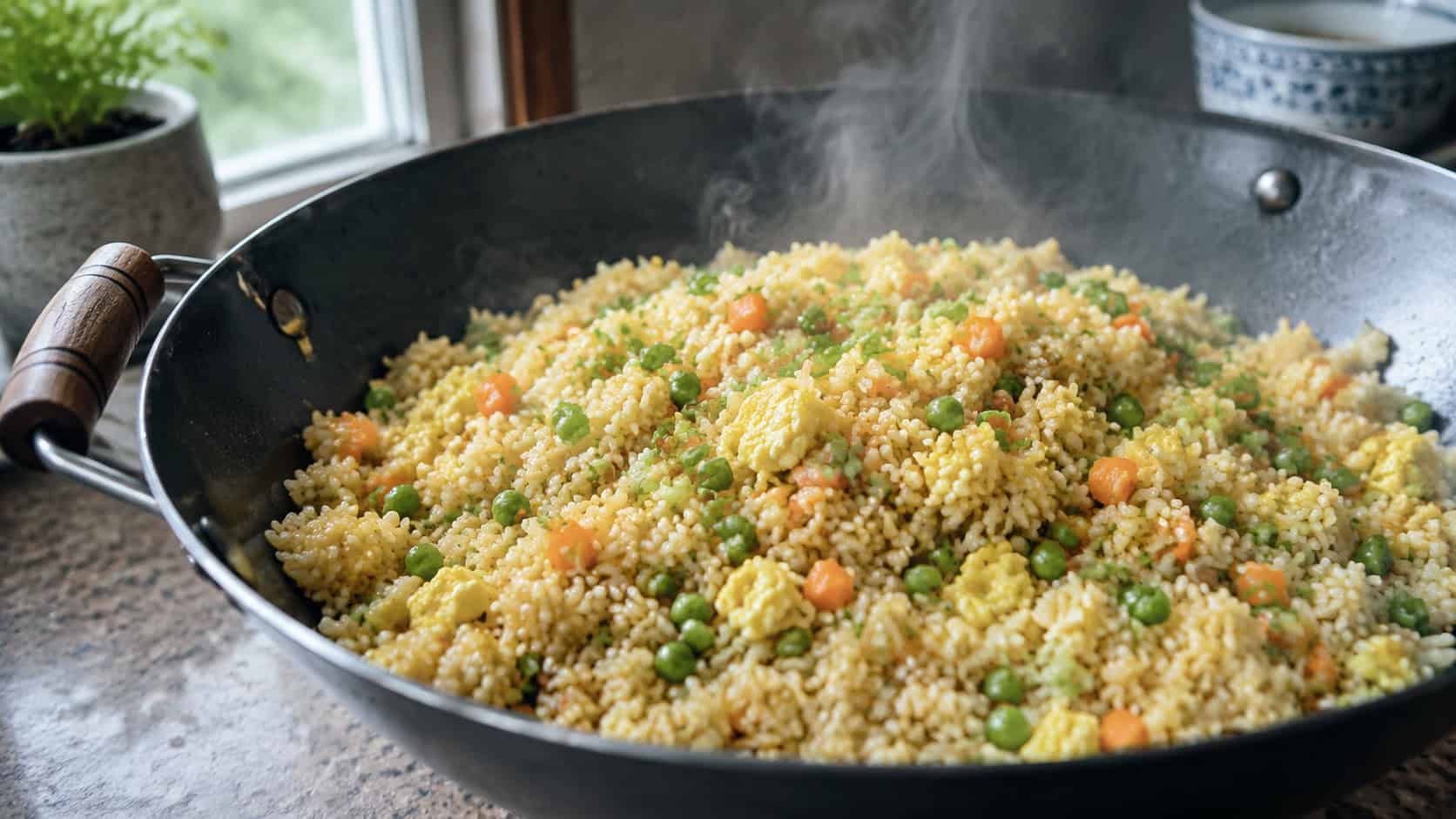 fluffy egg fried rice with peas, carrots and green onions in a wide wok, steaming, on a kitchen counter, natural light, shallow depth of field, wide horizontal landscape composition