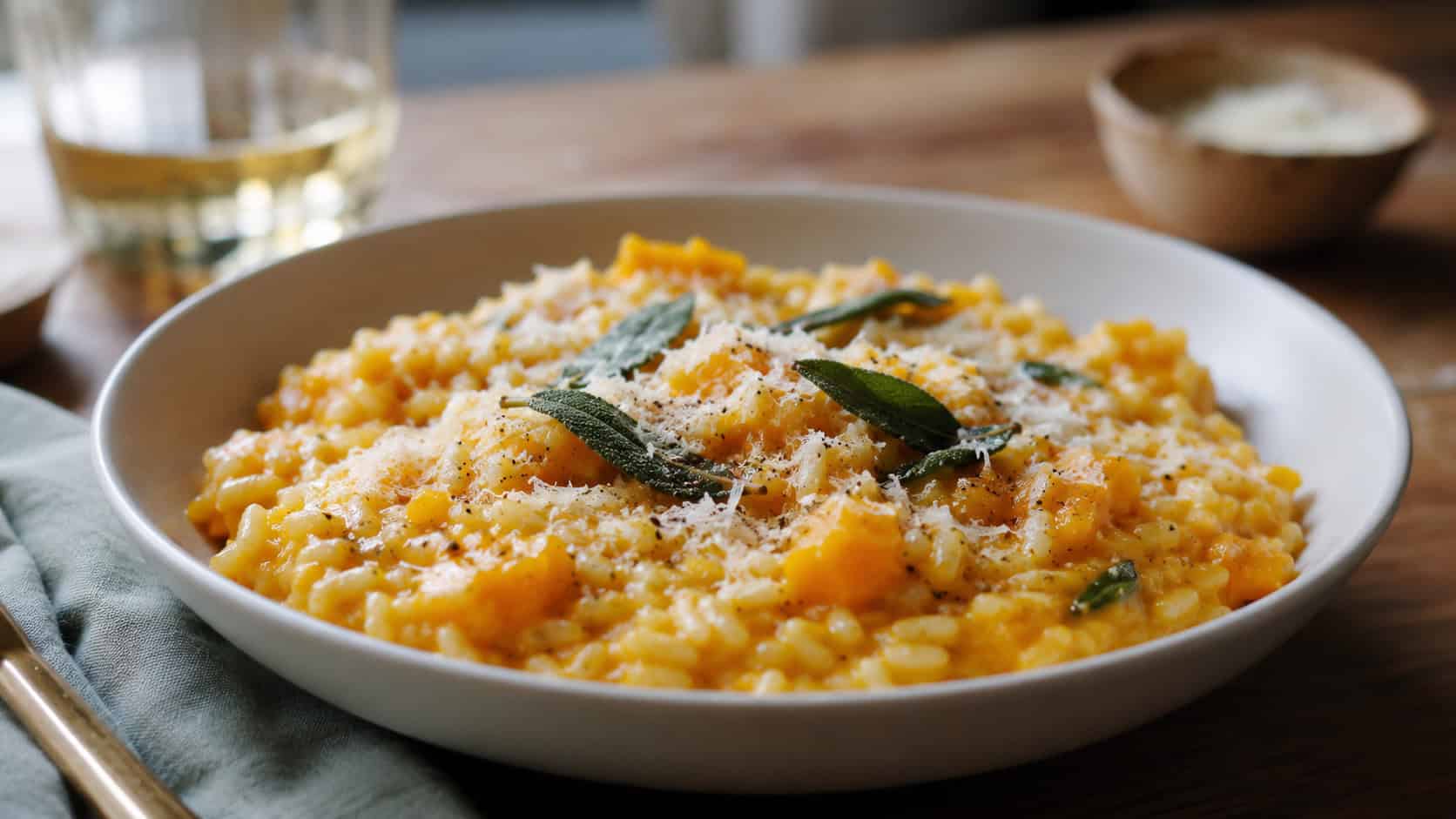 creamy golden butternut squash risotto in a wide bowl, sprinkled with parmesan and sage, on a cozy table, natural light, shallow depth of field, wide horizontal landscape composition