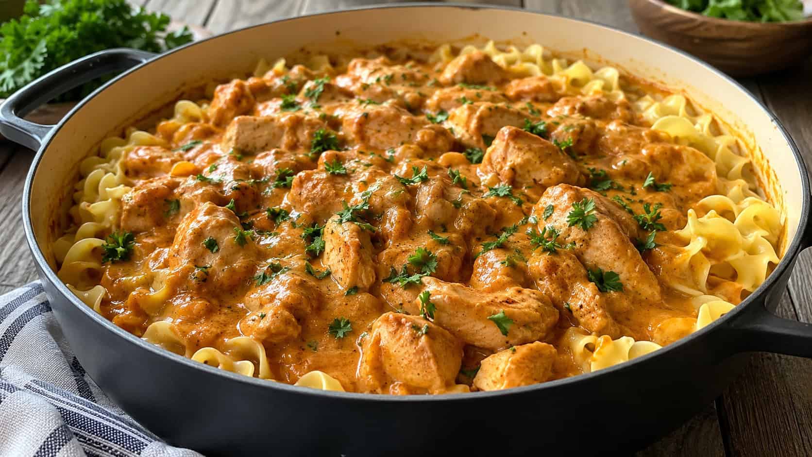 chicken paprikash in a creamy red sauce over egg noodles in a wide pot, garnished with parsley, on a rustic table, natural light, shallow depth of field, wide horizontal landscape composition