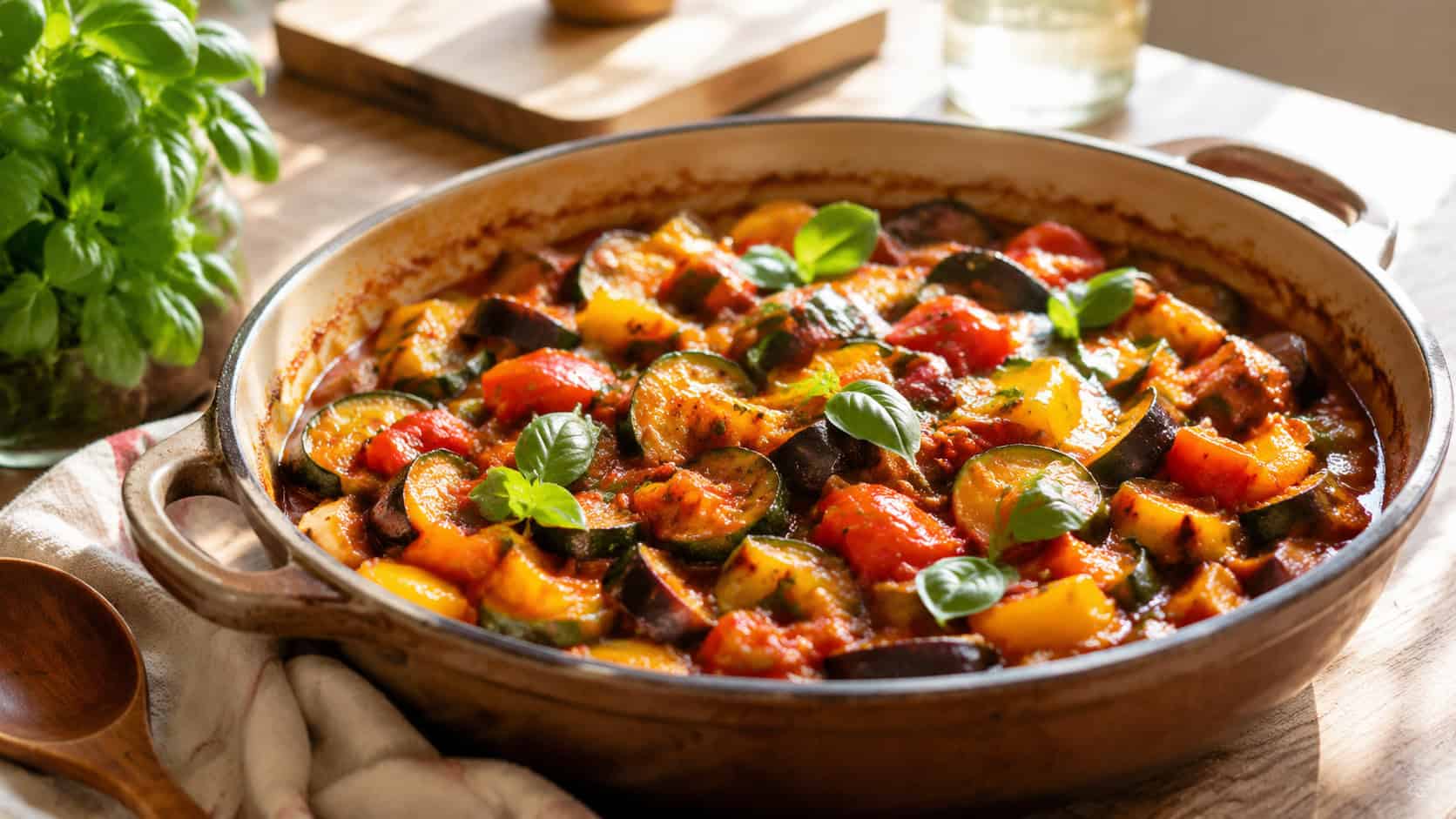 a rustic pot of ratatouille full of glossy zucchini, eggplant and peppers, garnished with fresh basil, on a sunny kitchen table, natural light, shallow depth of field, wide horizontal landscape composition