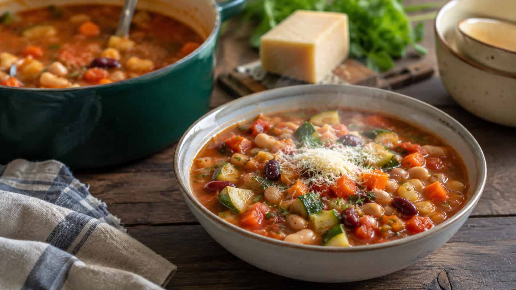 a steaming bowl of chunky minestrone soup full of vegetables and beans beside the pot, sprinkled with parmesan, on a rustic table, natural light, shallow depth of field, wide horizontal landscape composition