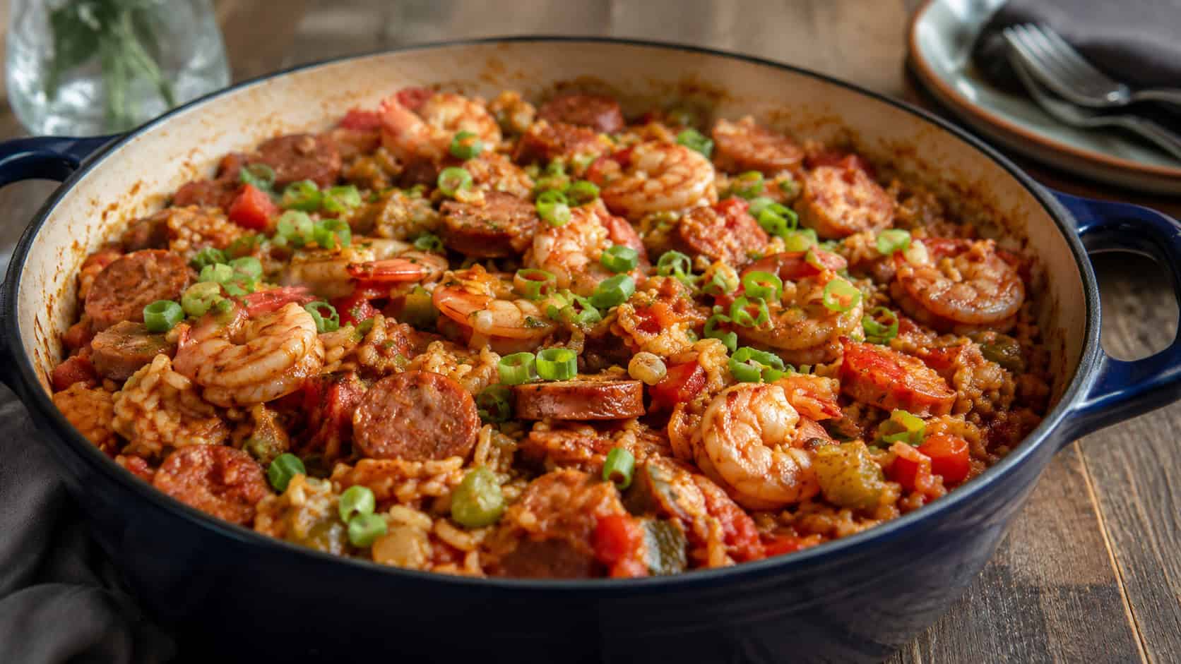 a wide pot of jambalaya with sausage, shrimp and rice in a spiced tomato sauce, garnished with green onions, on a rustic table, natural light, shallow depth of field, wide horizontal landscape composition