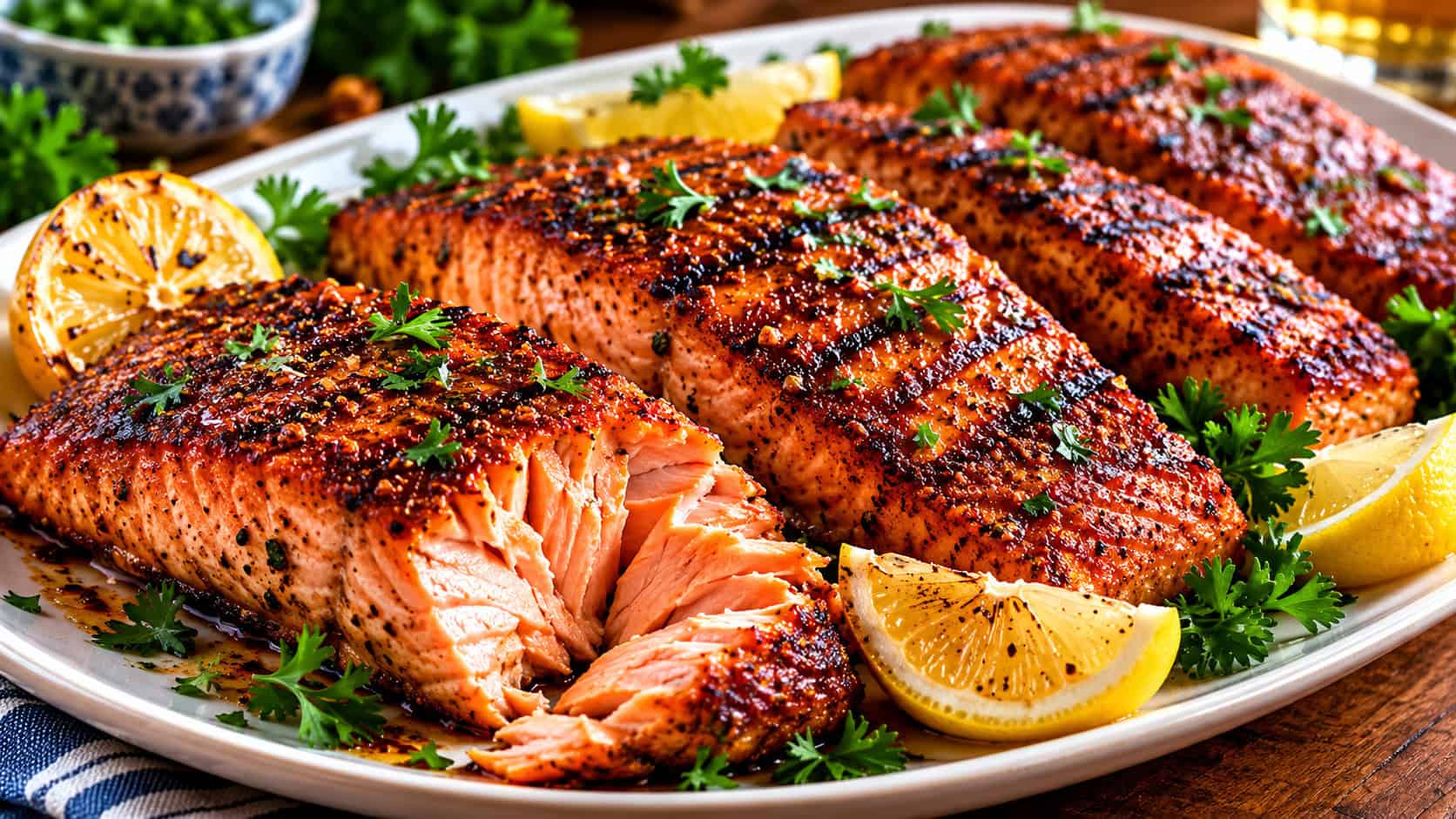 Cajun grilled salmon fillets on a wide platter in a horizontal shot, deep spice crust with grill marks and flaky pink interior, lemon wedges and parsley scattered around on a warm wood table, natural light, shallow depth of field, landscape orientation