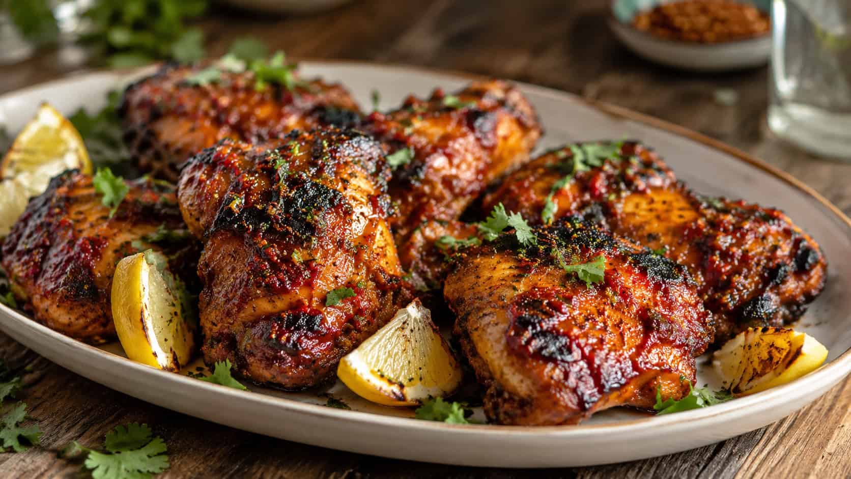charred peri peri chicken thighs on a wide platter in a horizontal shot, glistening with reddish sauce and crisp edges, lemon wedges and fresh herbs scattered around on a rustic table, warm natural light, shallow depth of field, landscape orientation