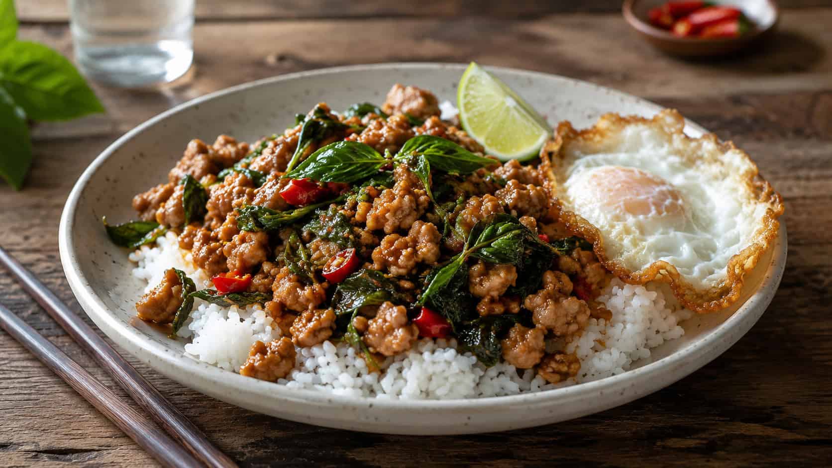 spicy Thai basil chicken over jasmine rice in a wide horizontal shot, flecked with red chilies and bright green basil, a fried egg on the side, a lime wedge and chopsticks nearby on a rustic table, natural light, shallow depth of field, landscape orientation