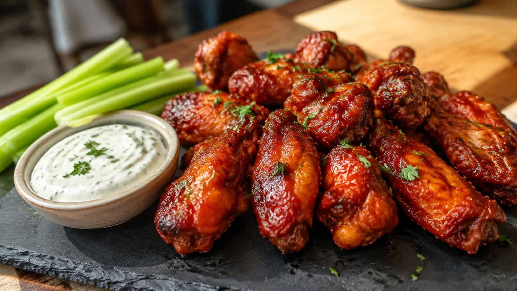 a wide platter of sticky red harissa chicken wings in a horizontal shot, glistening with glaze and dusted with herbs, a small bowl of yogurt dip and celery sticks alongside on a slate board, warm natural light, shallow depth of field, landscape orientation