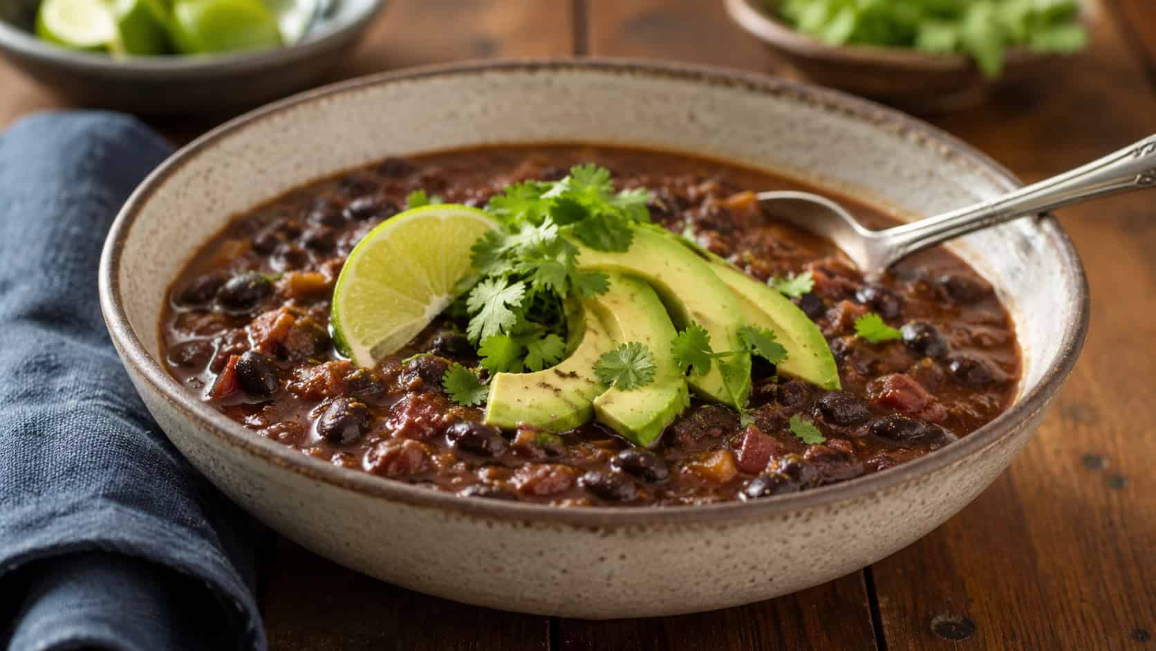 a wide bowl of thick smoky black bean chili in a horizontal shot, topped with avocado slices, cilantro, and a lime wedge, a spoon resting in the bowl on a warm rustic table, natural light, shallow depth of field, landscape orientation