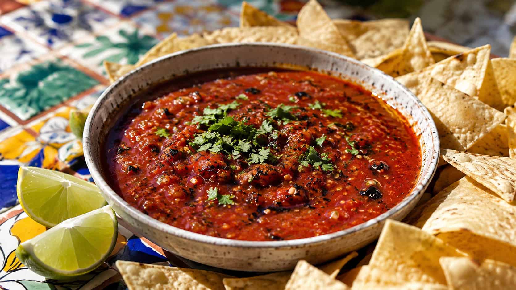 a wide bowl of deep red roasted salsa in a horizontal shot, flecked with charred bits and fresh cilantro, surrounded by tortilla chips and lime wedges on a colorful tiled table, bright natural light, shallow depth of field, landscape orientation