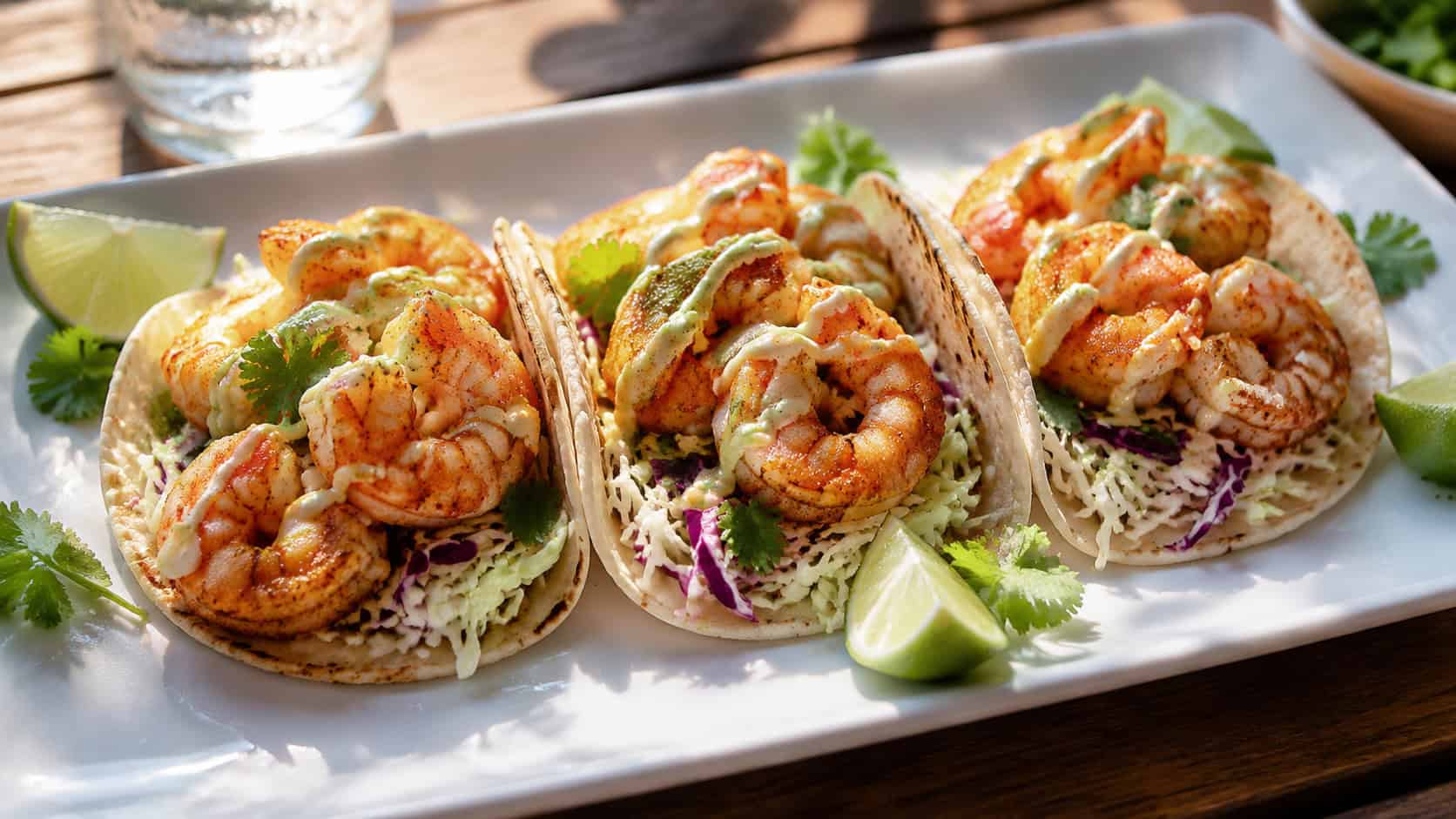 three cayenne shrimp tacos lined up on a wide platter in a horizontal shot, bright pink shrimp over crisp cabbage with a creamy drizzle, lime wedges and cilantro scattered around on a sunny table, fresh natural light, shallow depth of field, landscape orientation