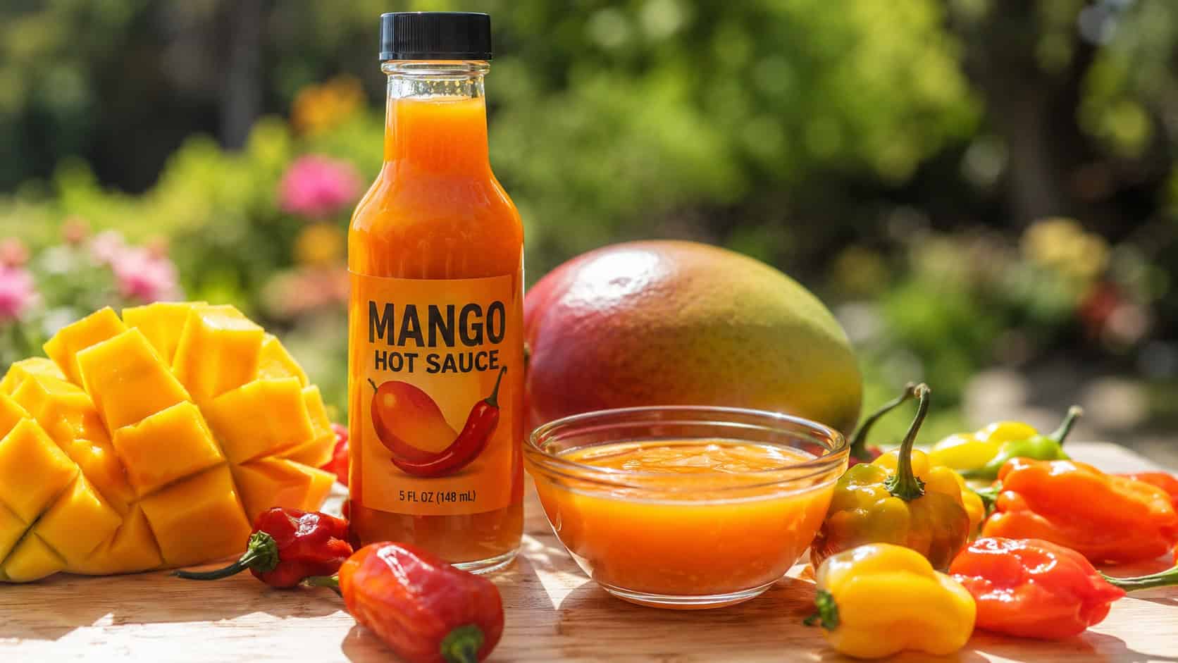 a glass bottle and small bowl of bright orange mango hot sauce in a wide horizontal shot, fresh mango slices and whole peppers arranged around it on a light wooden surface, vibrant natural light, shallow depth of field, landscape orientation