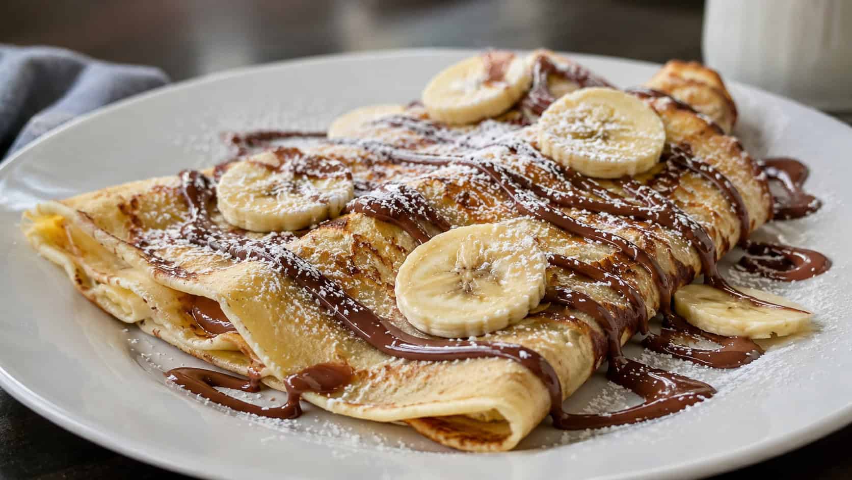 folded banana crepes drizzled with chocolate hazelnut spread, banana slices and powdered sugar on top, plated on white china, wide horizontal composition, soft natural light, shallow depth of field, landscape orientation