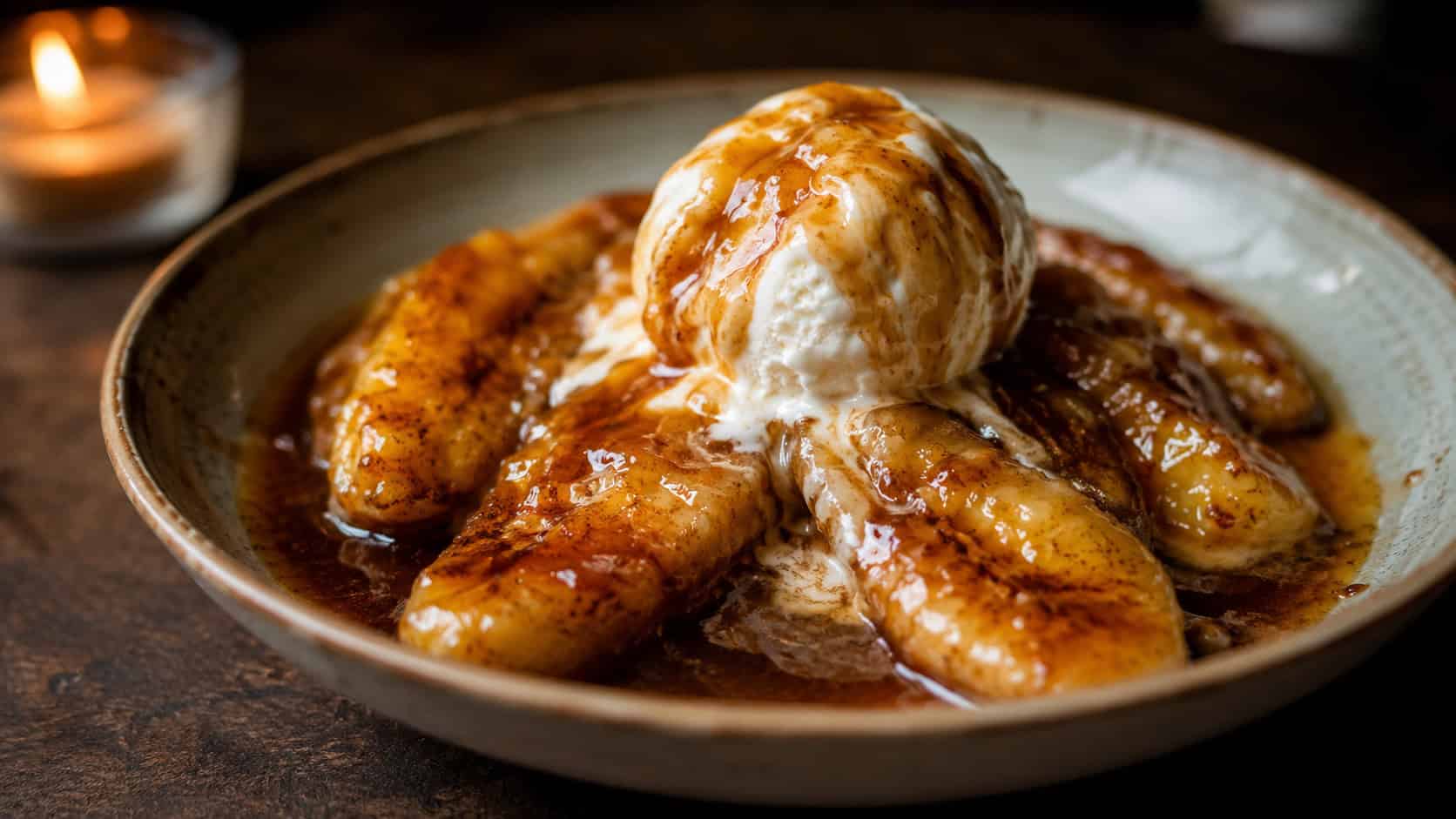 bananas foster with glossy caramel sauce spooned over melting vanilla ice cream in a bowl, the sauce pooling at the edges, on a dark table, wide horizontal shot, warm moody light, shallow depth of field, landscape orientation