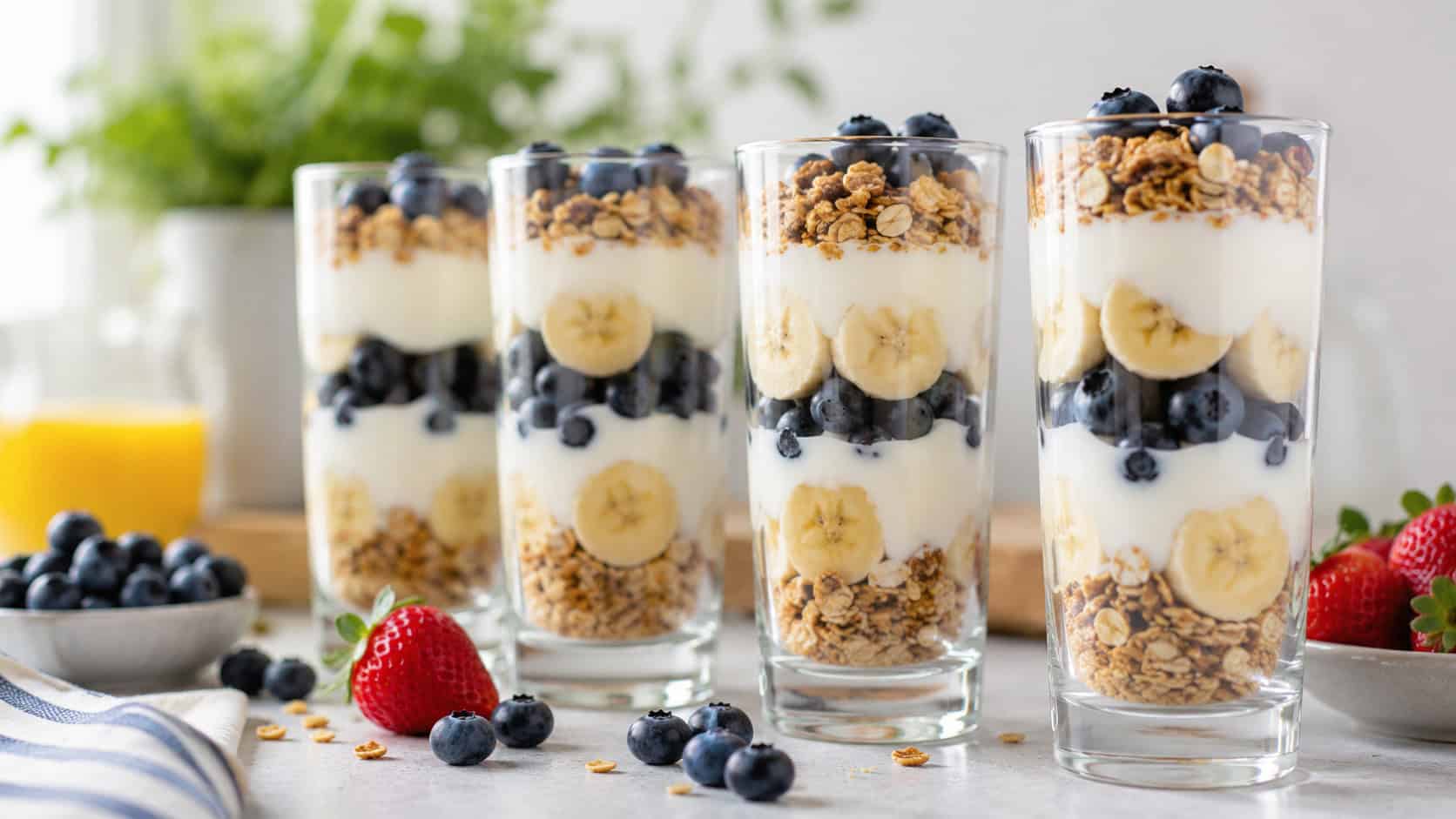 tall glass parfaits layered with yogurt, banana slices, blueberries, and granola, lined up on a bright table with fresh berries scattered around, wide horizontal composition, natural light, shallow depth of field, landscape orientation