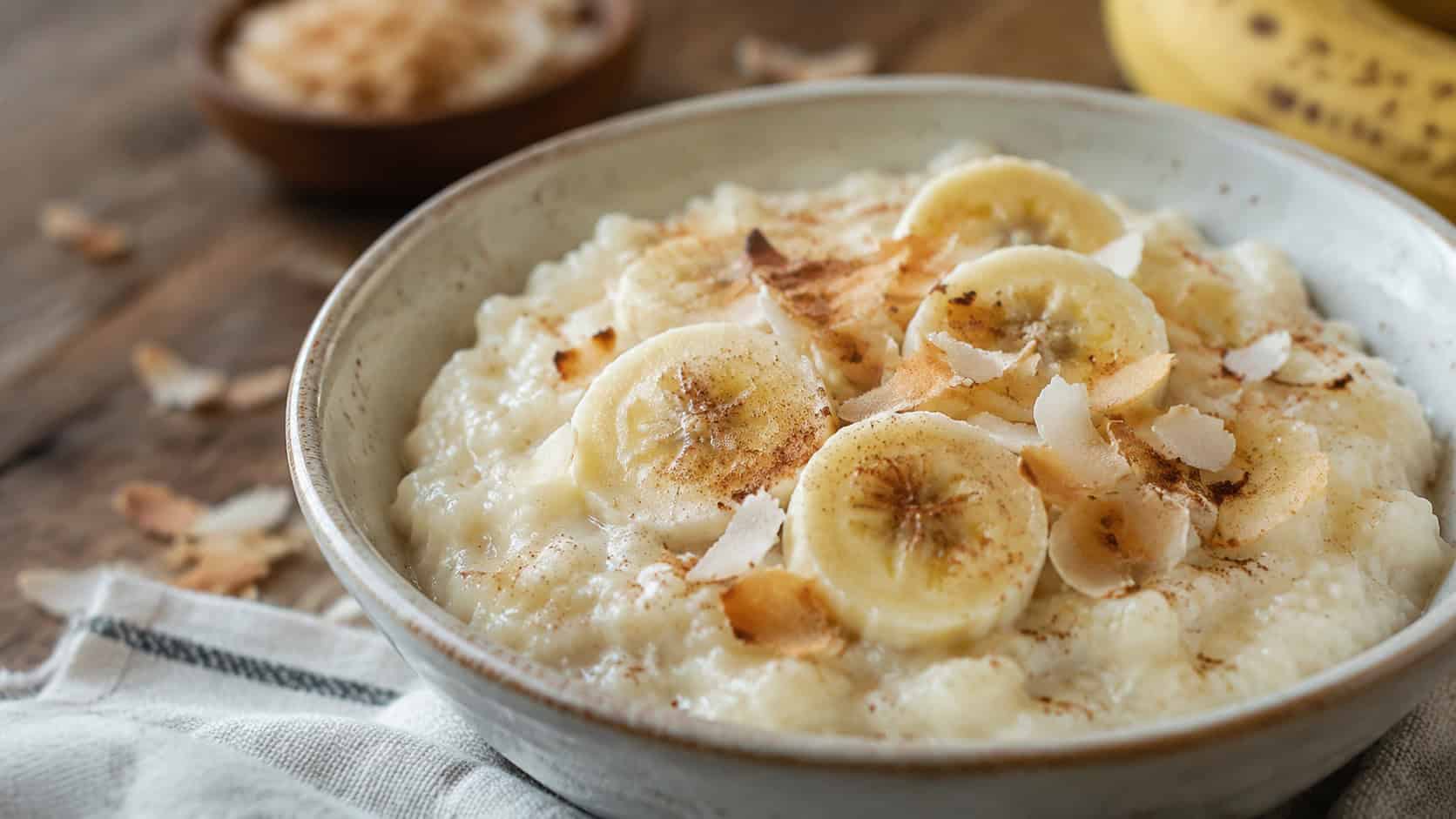 creamy banana coconut rice pudding in a bowl topped with banana slices, toasted coconut, and cinnamon, on a rustic table, wide horizontal composition, soft natural light, shallow depth of field, landscape orientation