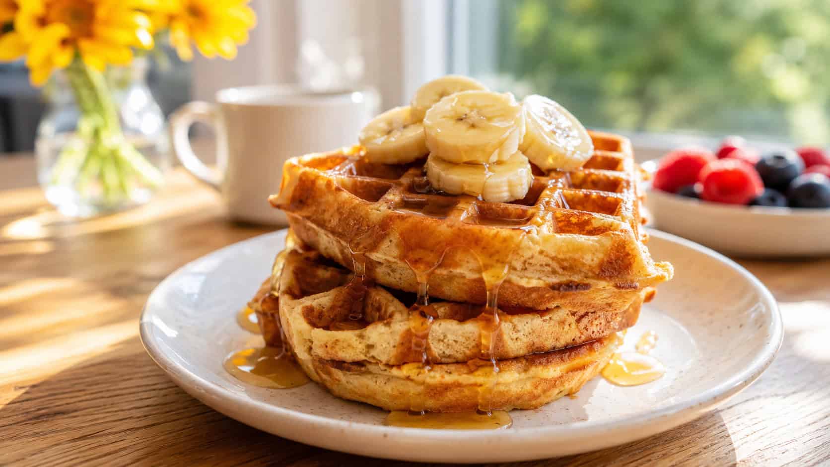 golden crisp banana waffles stacked on a plate with honey drizzling down and banana slices on top, on a sunny breakfast table, wide horizontal composition, bright morning light, shallow depth of field, landscape orientation