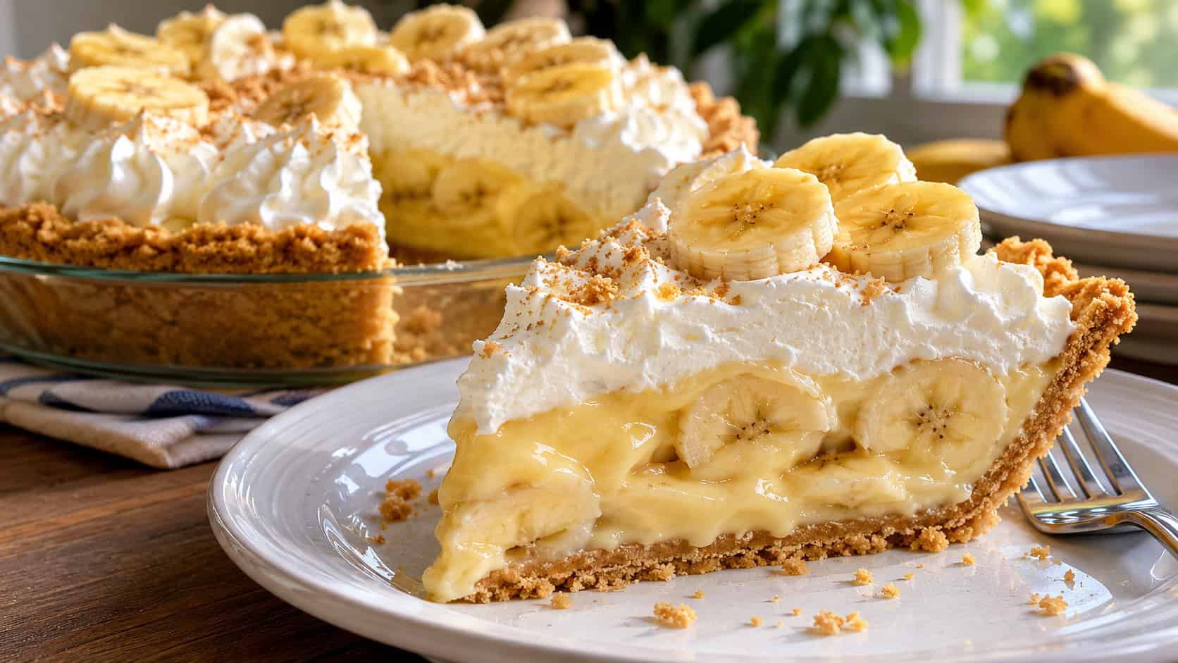 a banana cream pie slice on a plate showing layers of banana and custard, topped with whipped cream and banana slices, the whole pie behind it, wide horizontal composition, soft natural light, shallow depth of field, landscape orientation