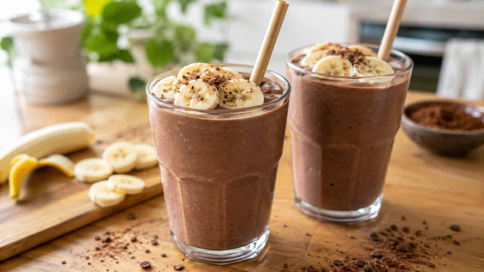 two glasses of thick chocolate banana smoothie topped with banana slices and a straw, on a wooden counter with scattered cocoa, wide horizontal composition, bright natural light, shallow depth of field, landscape orientation