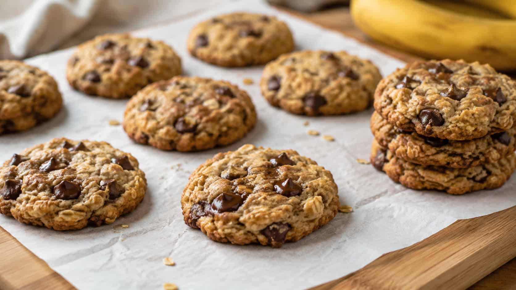 a batch of rustic banana oatmeal cookies cooling on parchment, melted chocolate chips visible, a few stacked to the side, on a wooden board, wide horizontal shot, warm natural light, shallow depth of field, landscape orientation