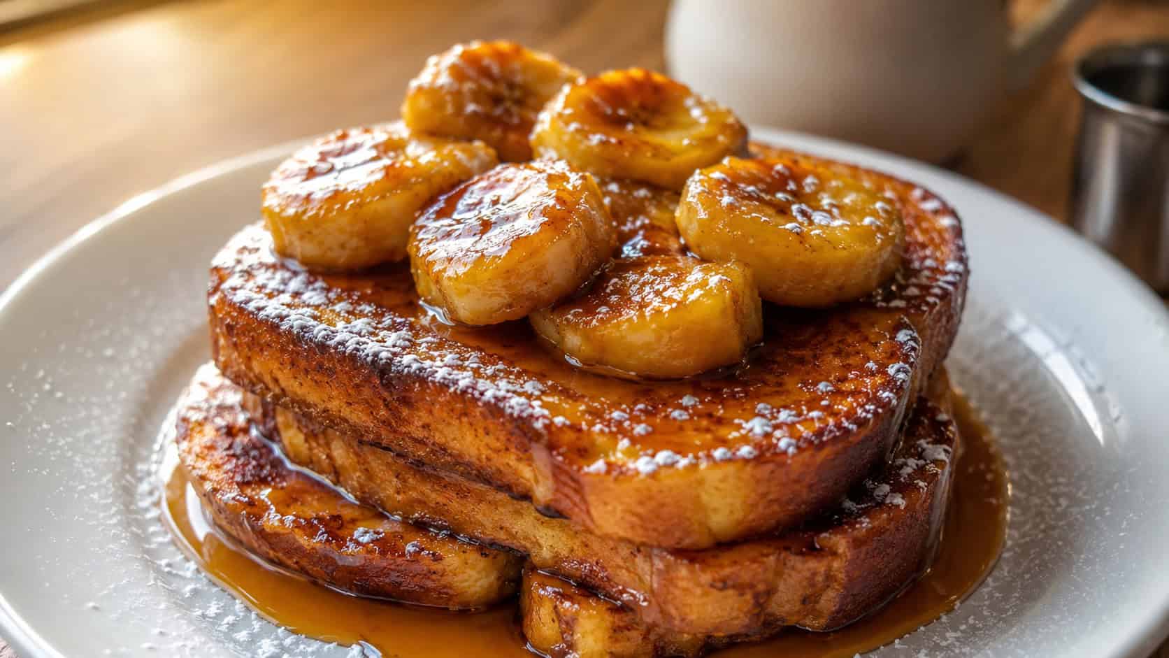 stacked golden French toast topped with glossy caramelized banana slices and syrup, dusted with powdered sugar, on a white plate, wide horizontal shot, warm morning light, shallow depth of field, landscape orientation