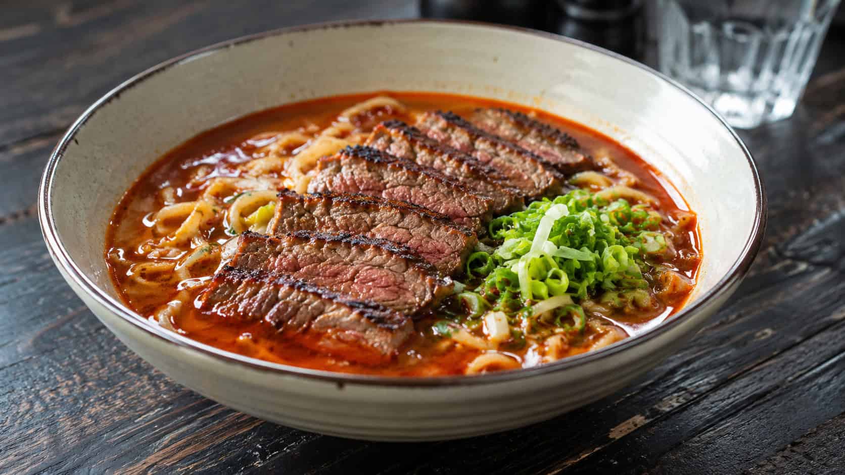 a wide bowl of sriracha beef ramen with deep red-orange broth, seared beef slices, noodles and green onion, on a dark rustic table, natural light, shallow depth of field, landscape orientation