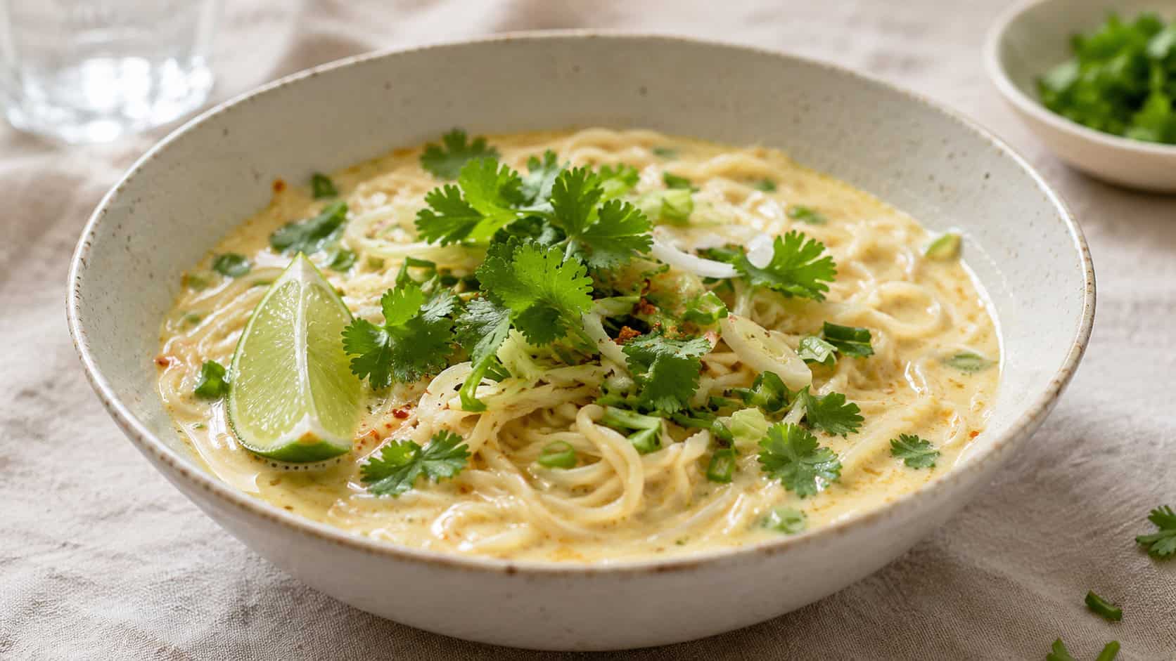 a wide bowl of pale creamy coconut lemongrass ramen with noodles, fresh cilantro and a lime wedge, on a light linen surface, natural light, shallow depth of field, landscape orientation