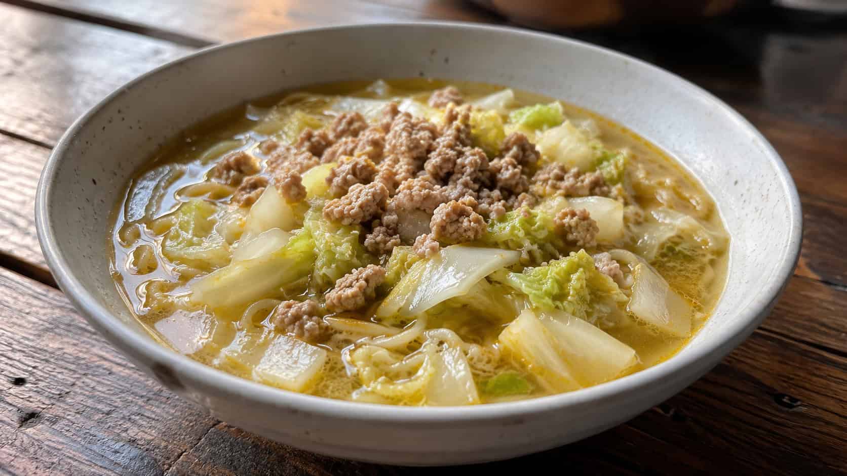 a wide bowl of pork and napa cabbage ramen with golden broth, crumbled pork, soft cabbage ribbons and noodles, on a rustic wooden table, natural light, shallow depth of field, landscape orientation